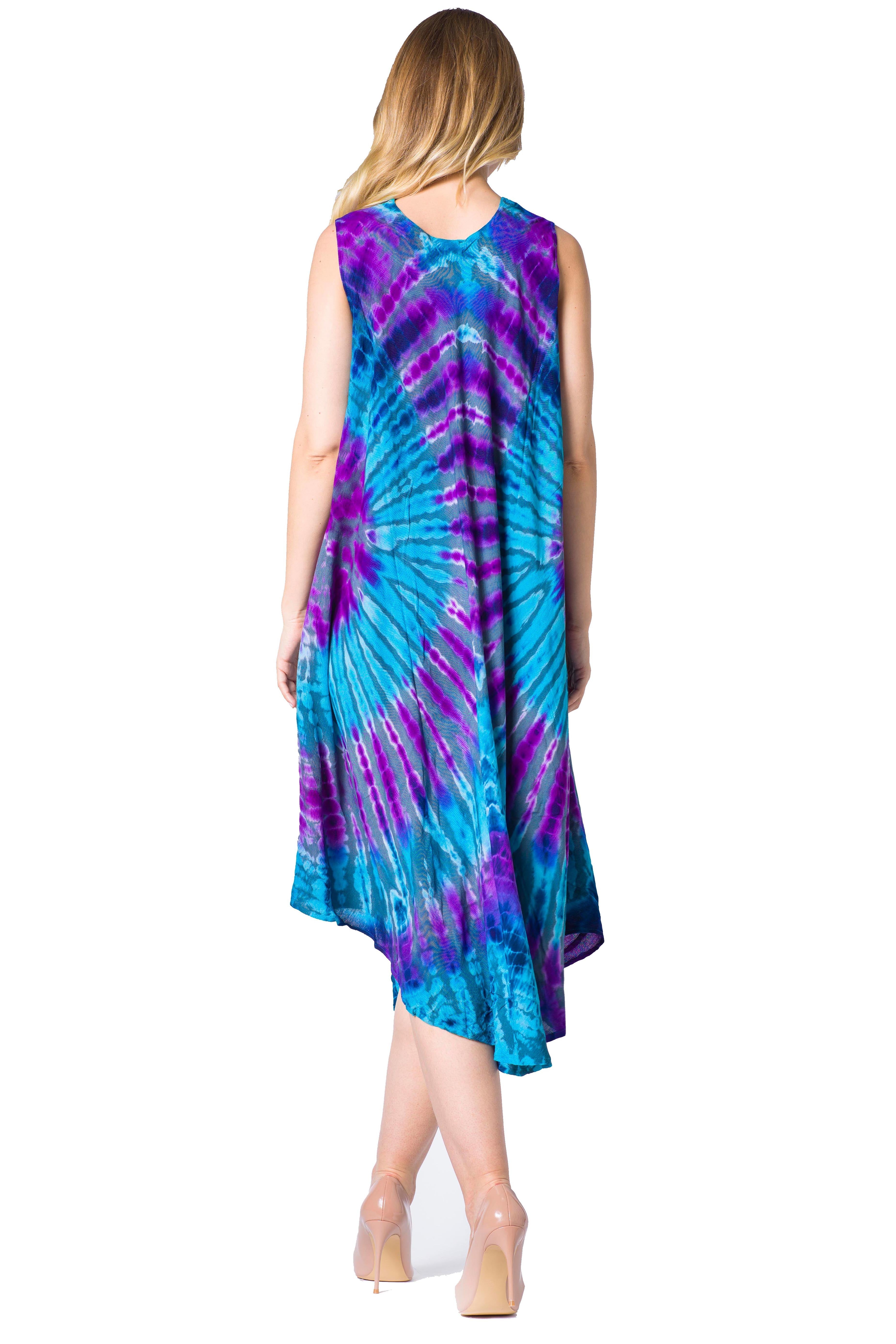 Woman wearing a tie-dye dress with a white background