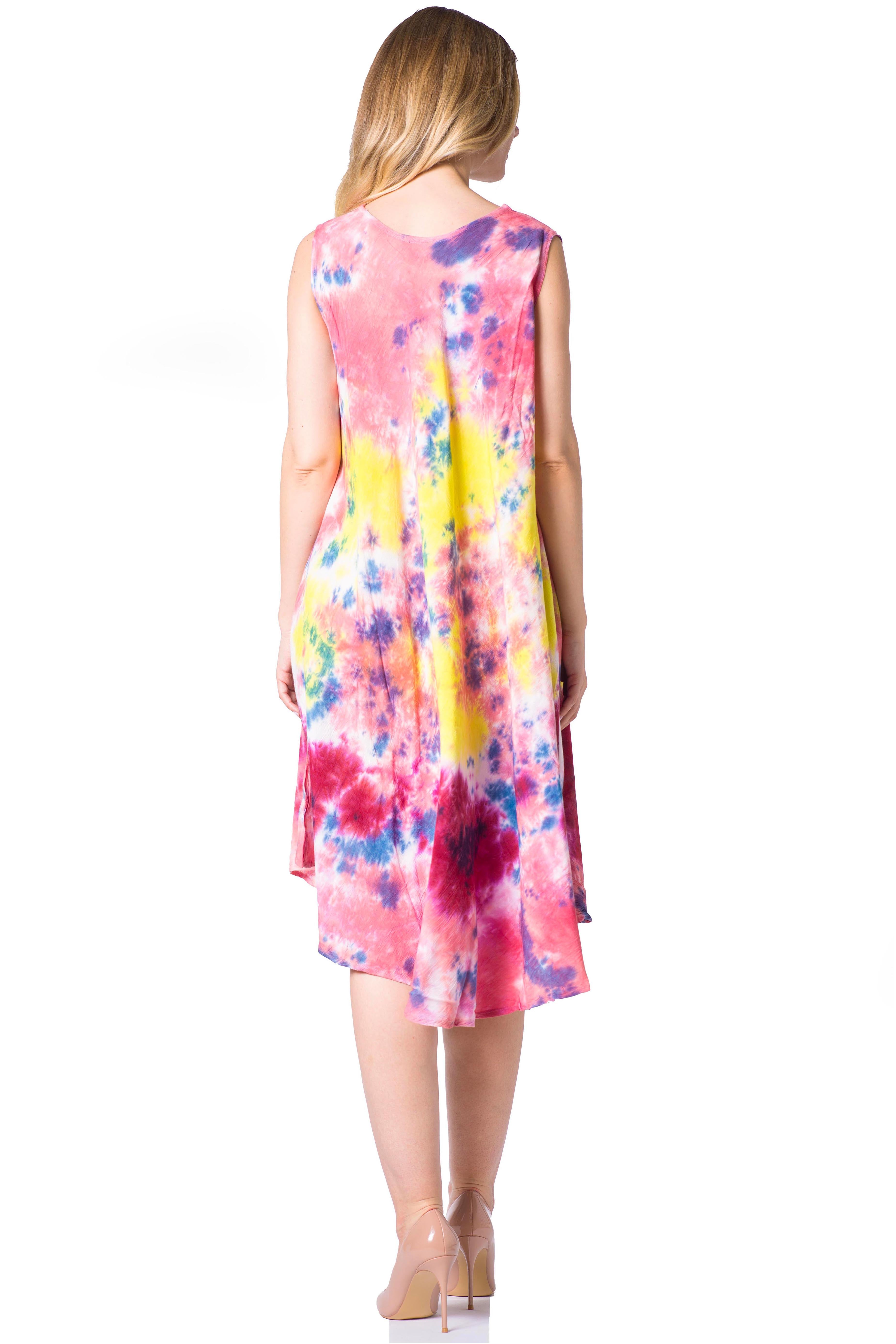 Woman wearing a colorful floral dress on a white background