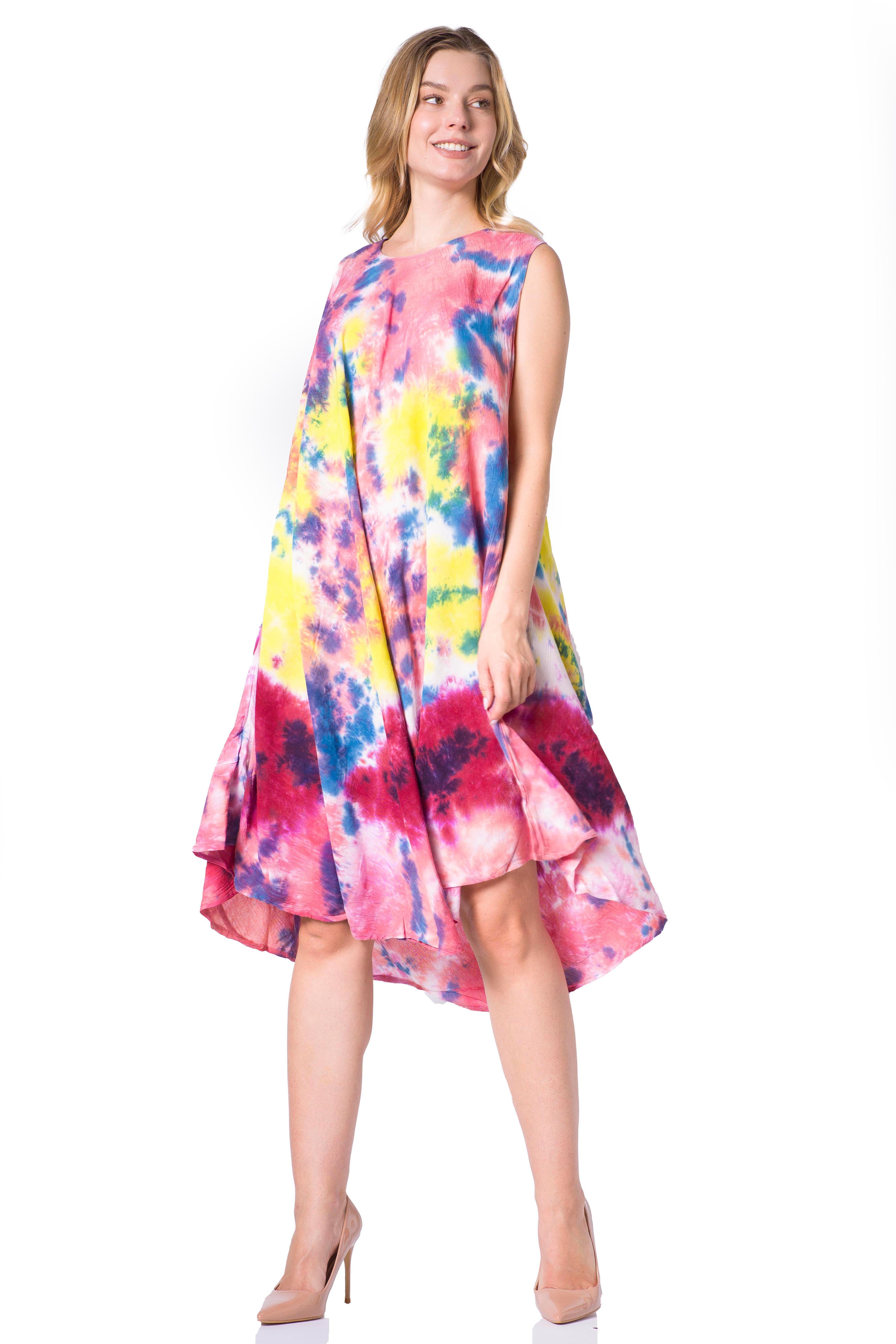 Woman wearing a colorful tie-dye dress on a white background