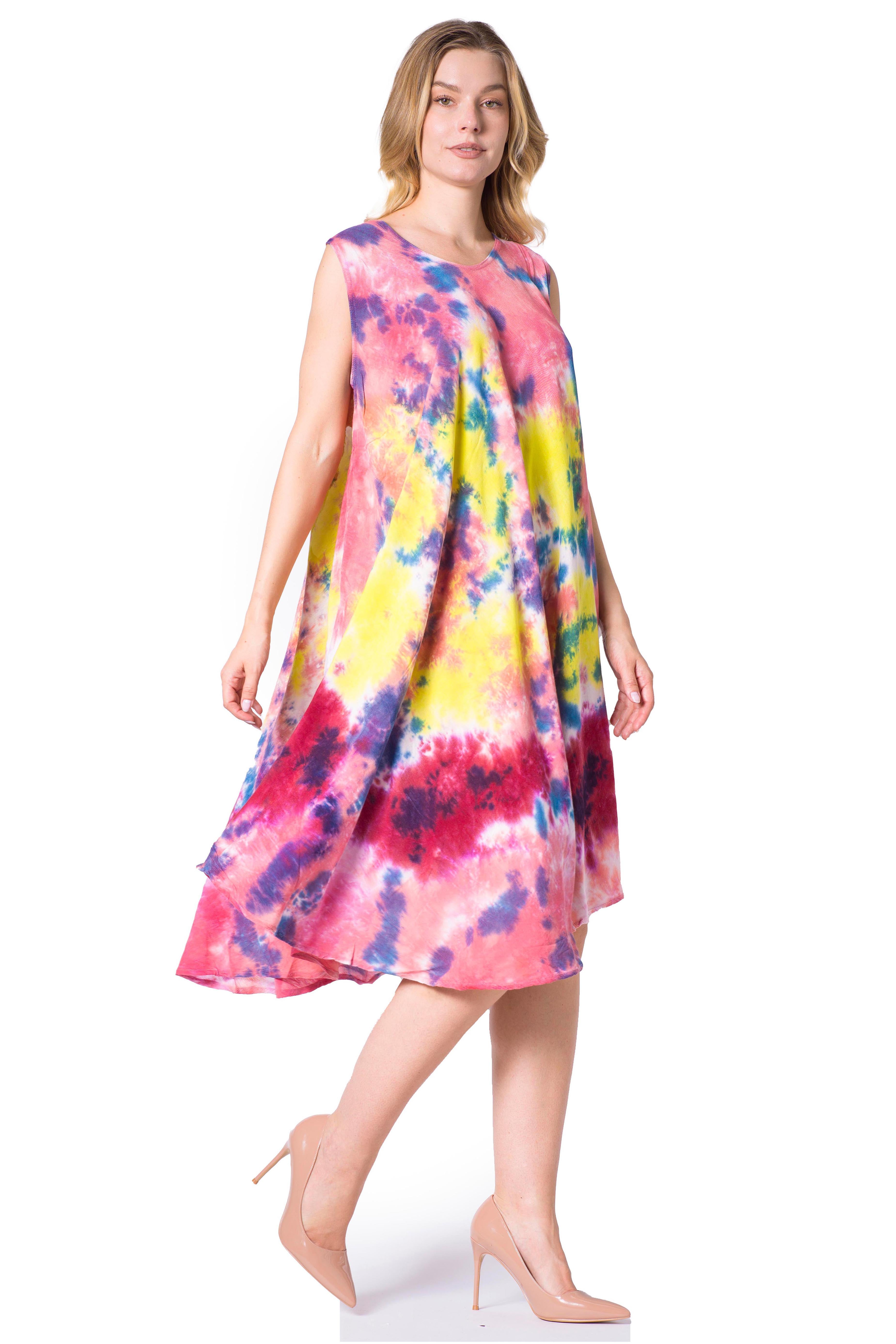 Woman wearing a colorful tie-dye dress on a white background