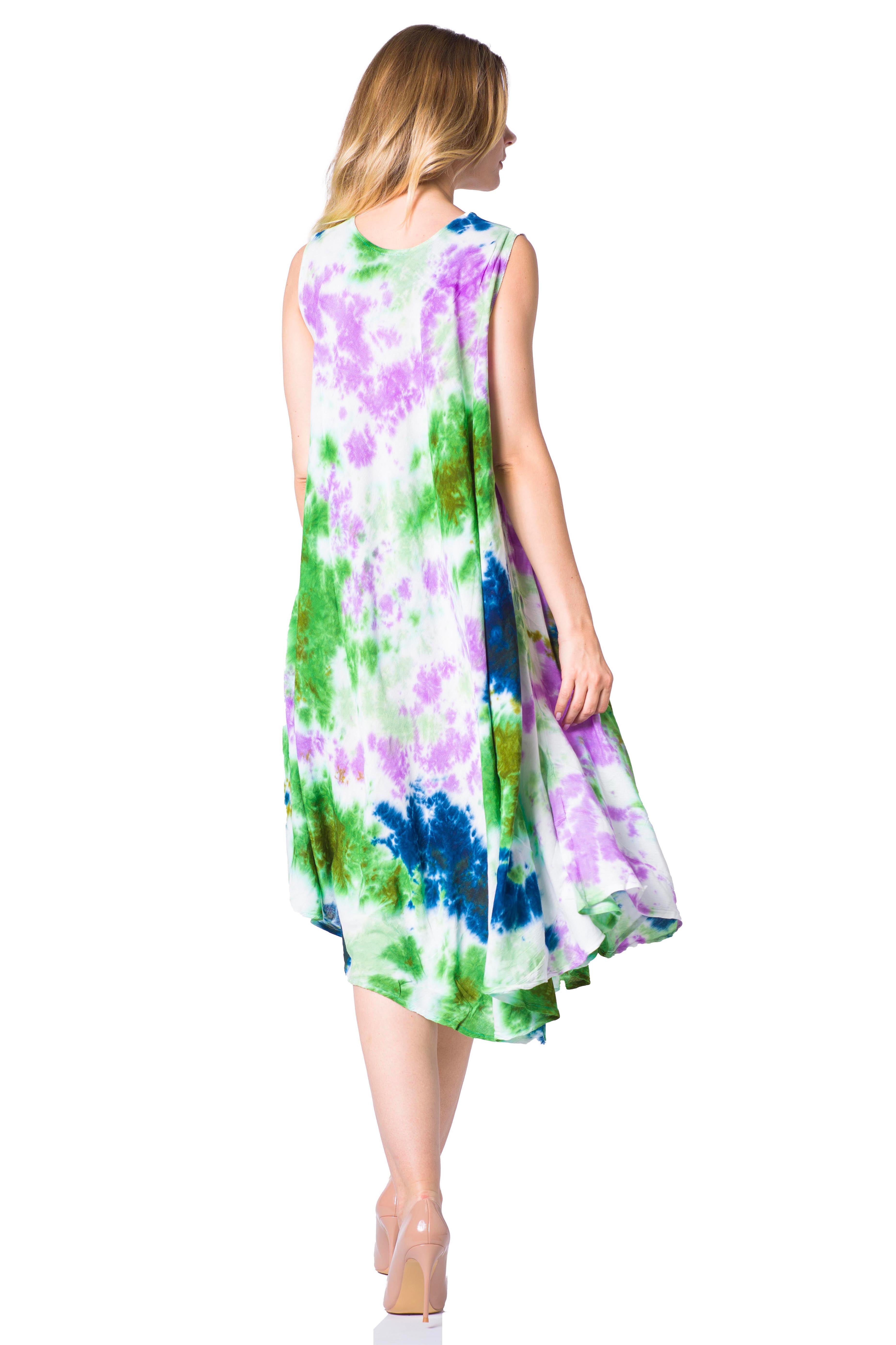 Woman wearing a colorful floral dress on a white background