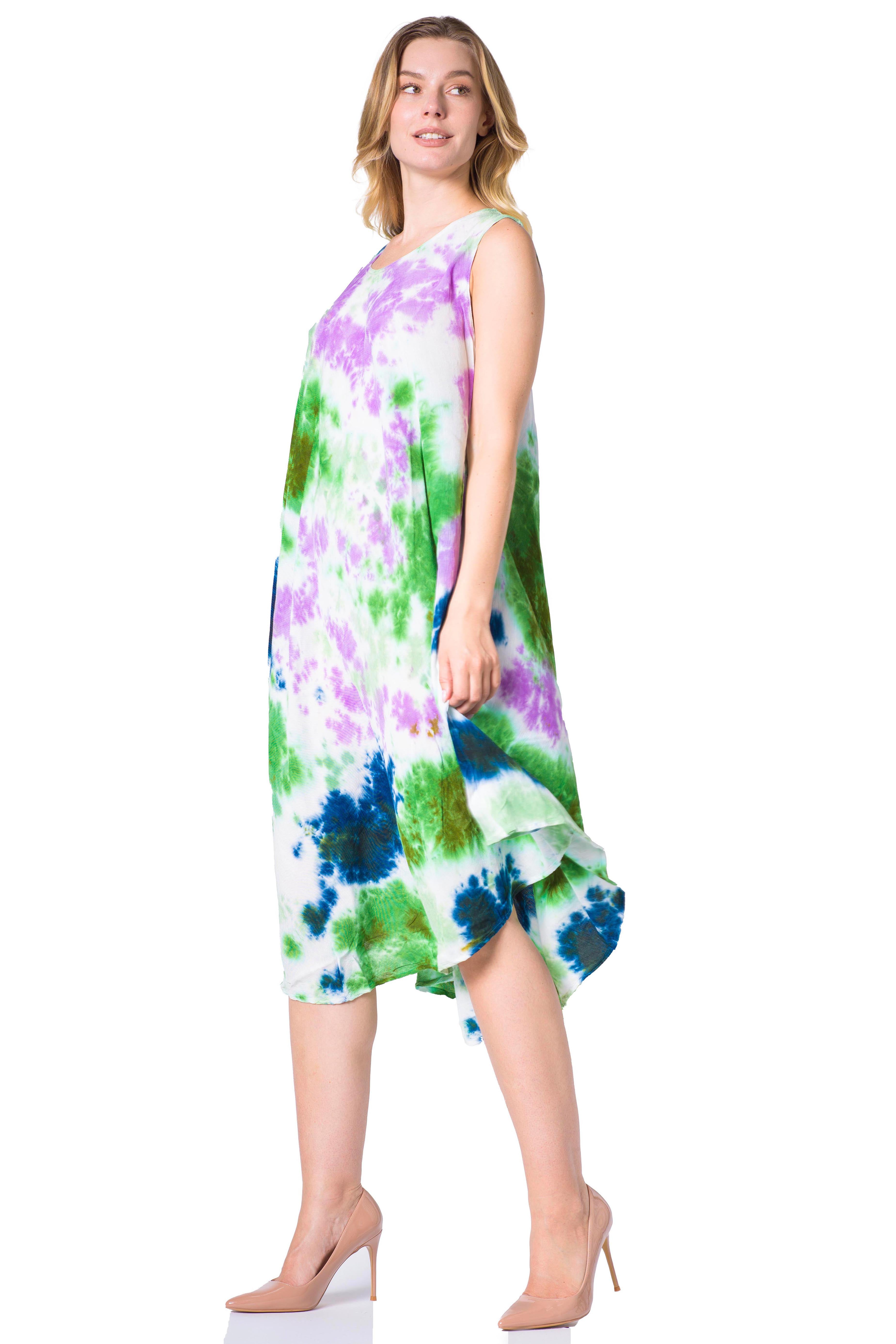 Woman wearing a colorful dress with a white background