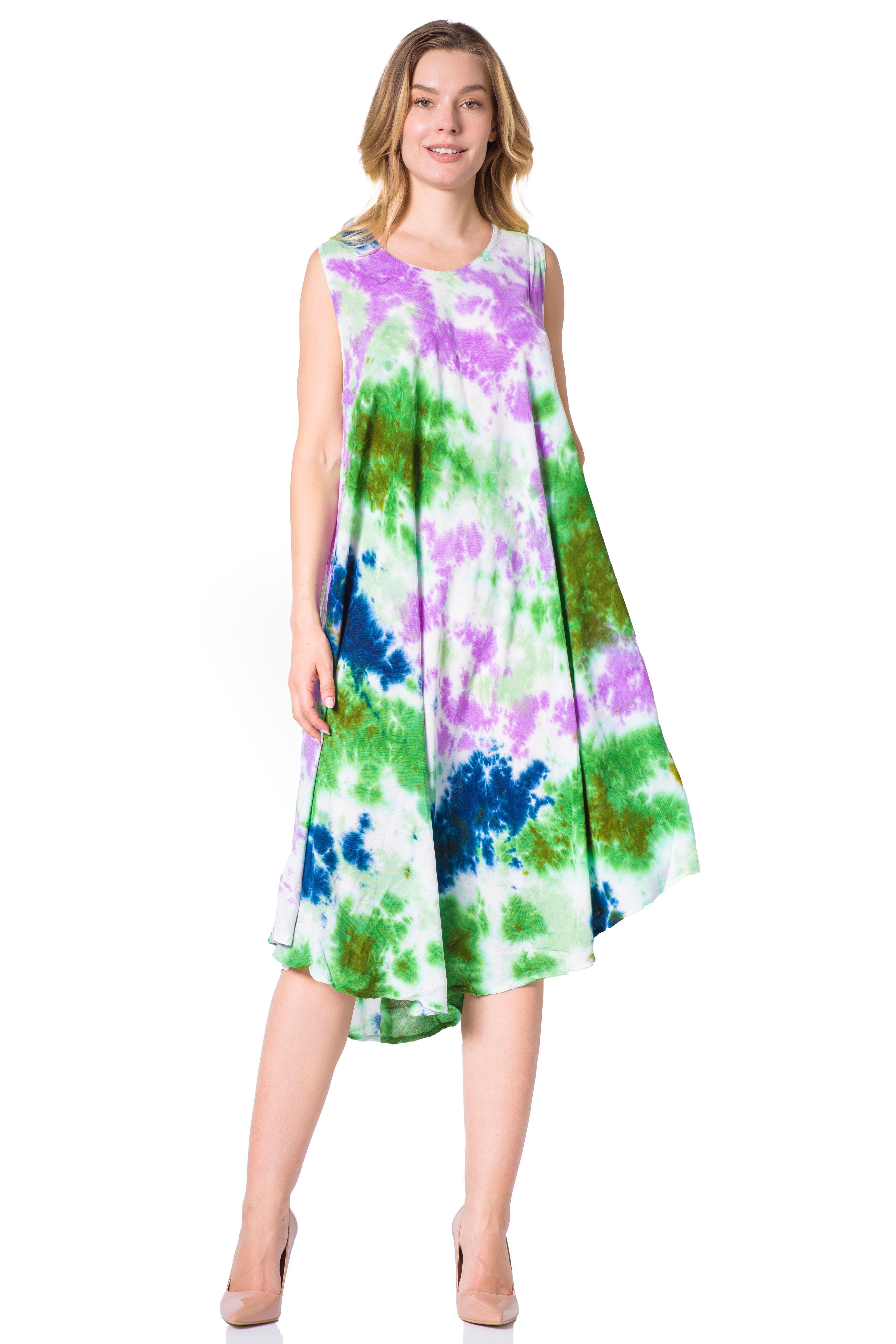 Woman wearing a colorful tie-dye dress on a white background