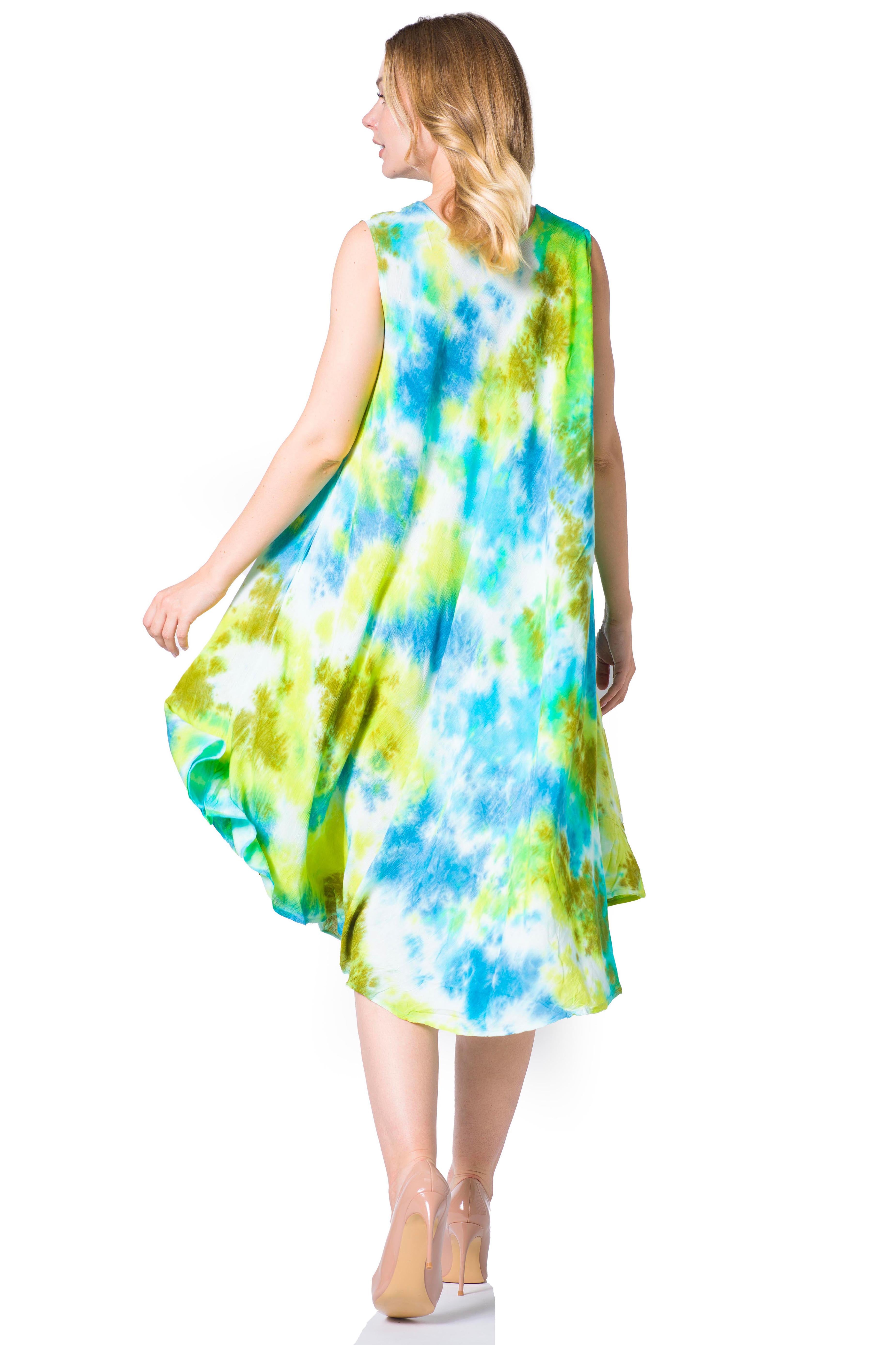 Woman wearing a colorful tie-dye dress on a white background