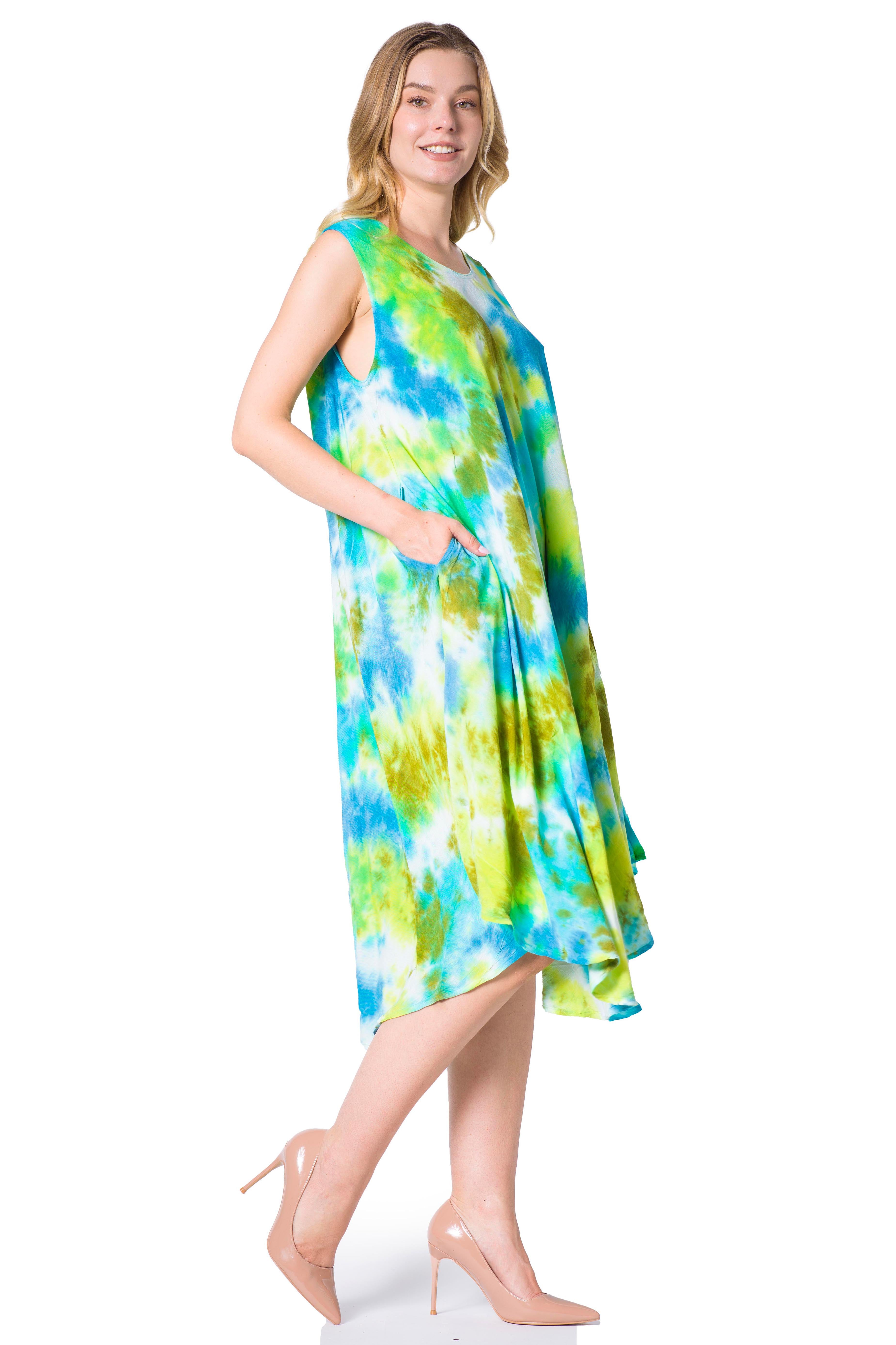 Woman wearing a colorful dress on a white background