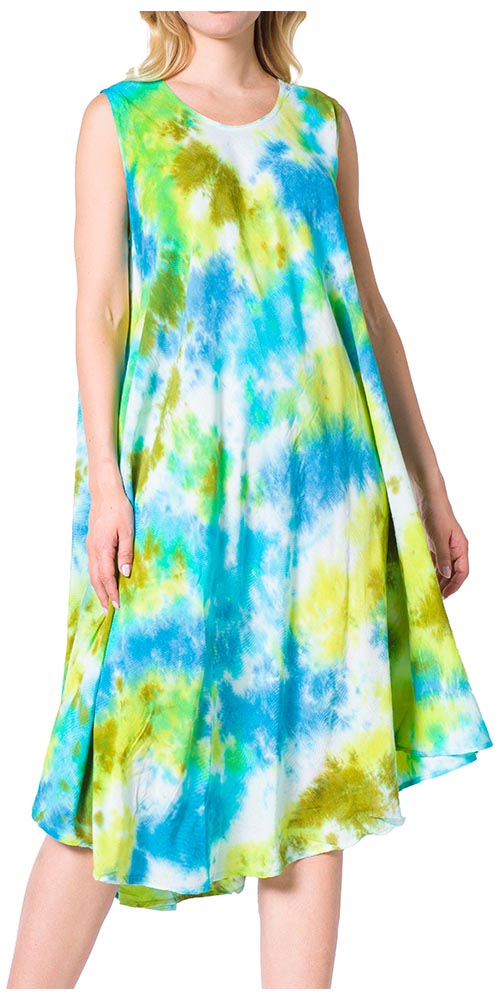 Woman wearing a sleeveless dress with a tie-dye pattern in blue, green, and yellow.