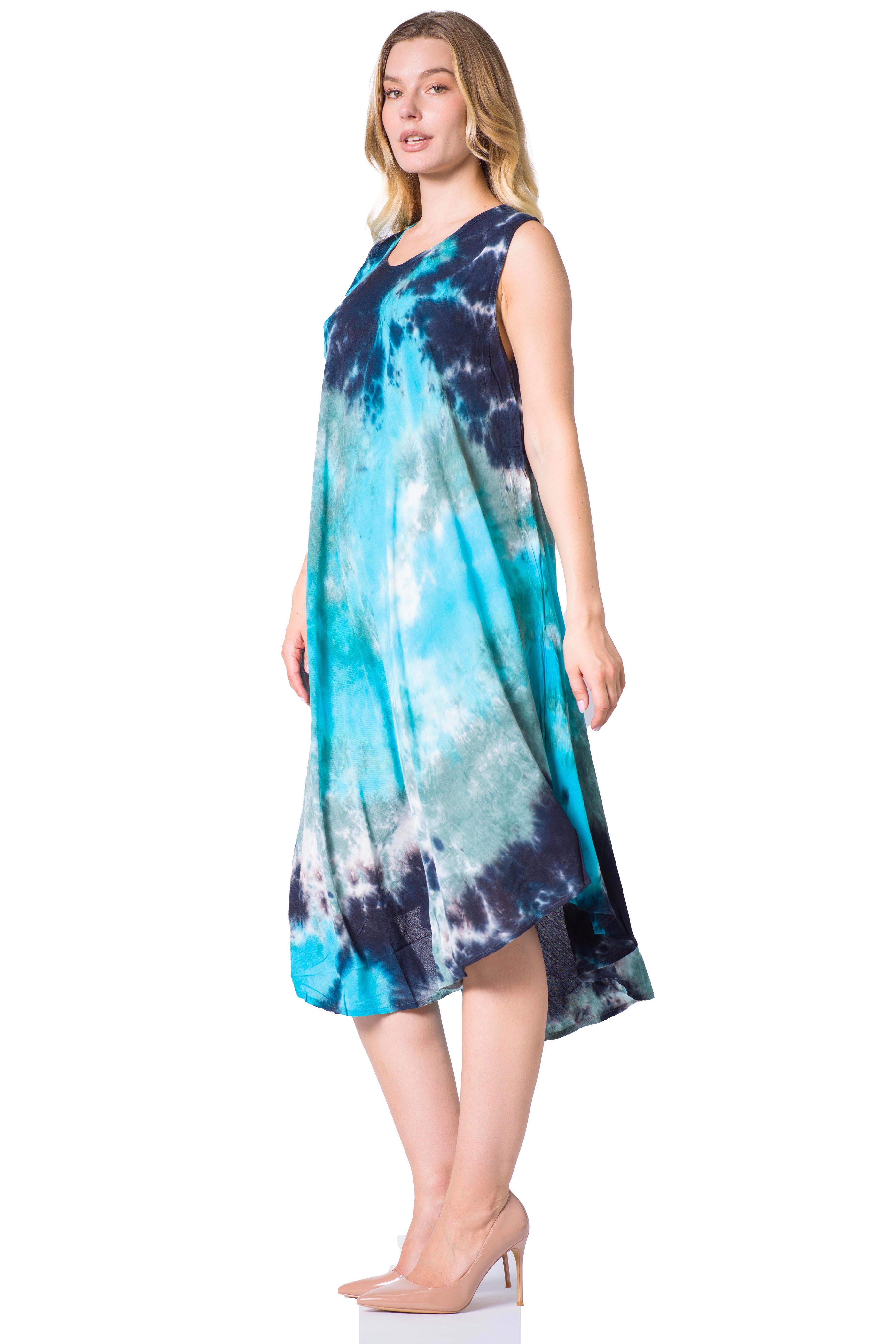 Woman wearing a tie-dye dress on a white background