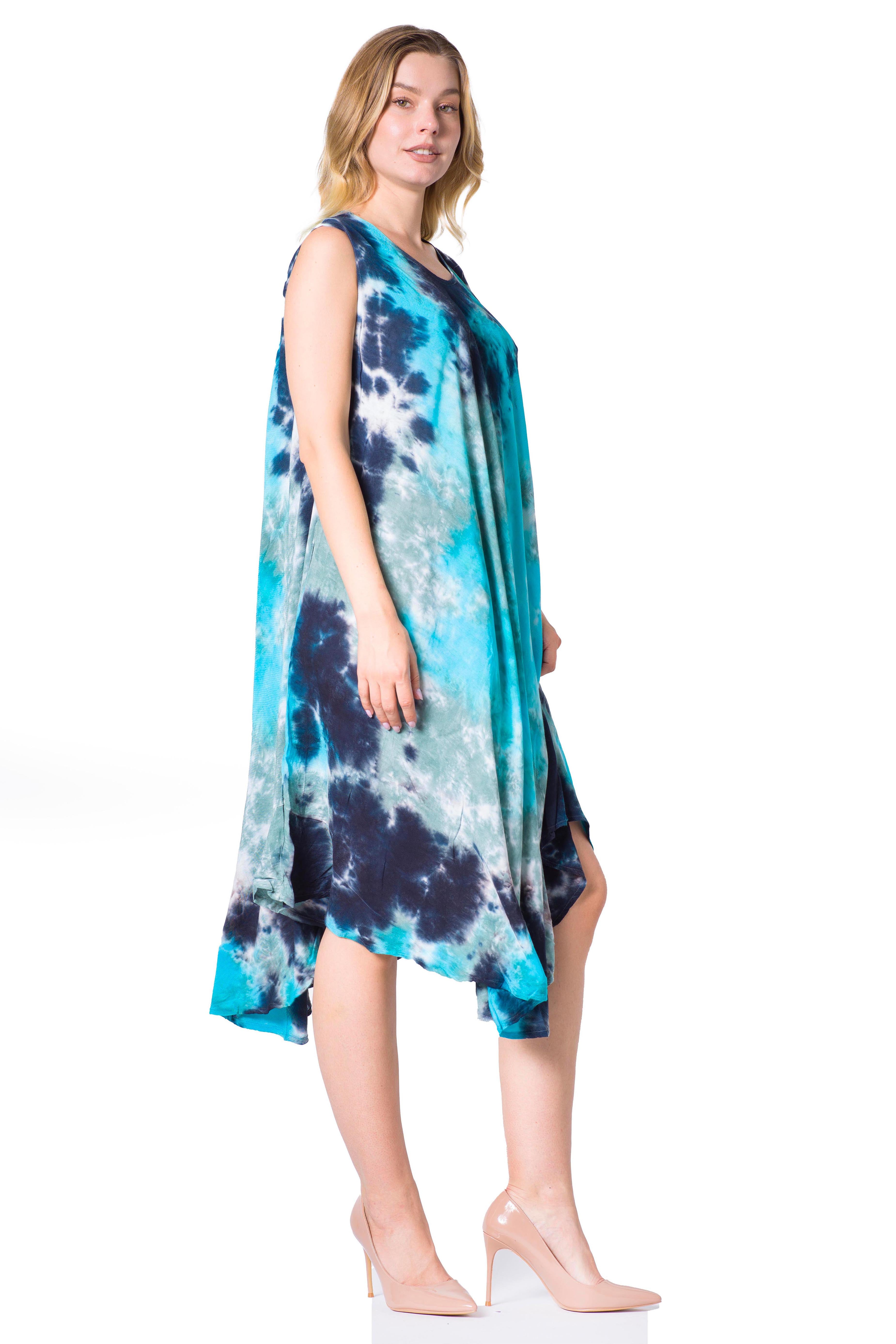 Woman wearing a tie-dye dress on a white background