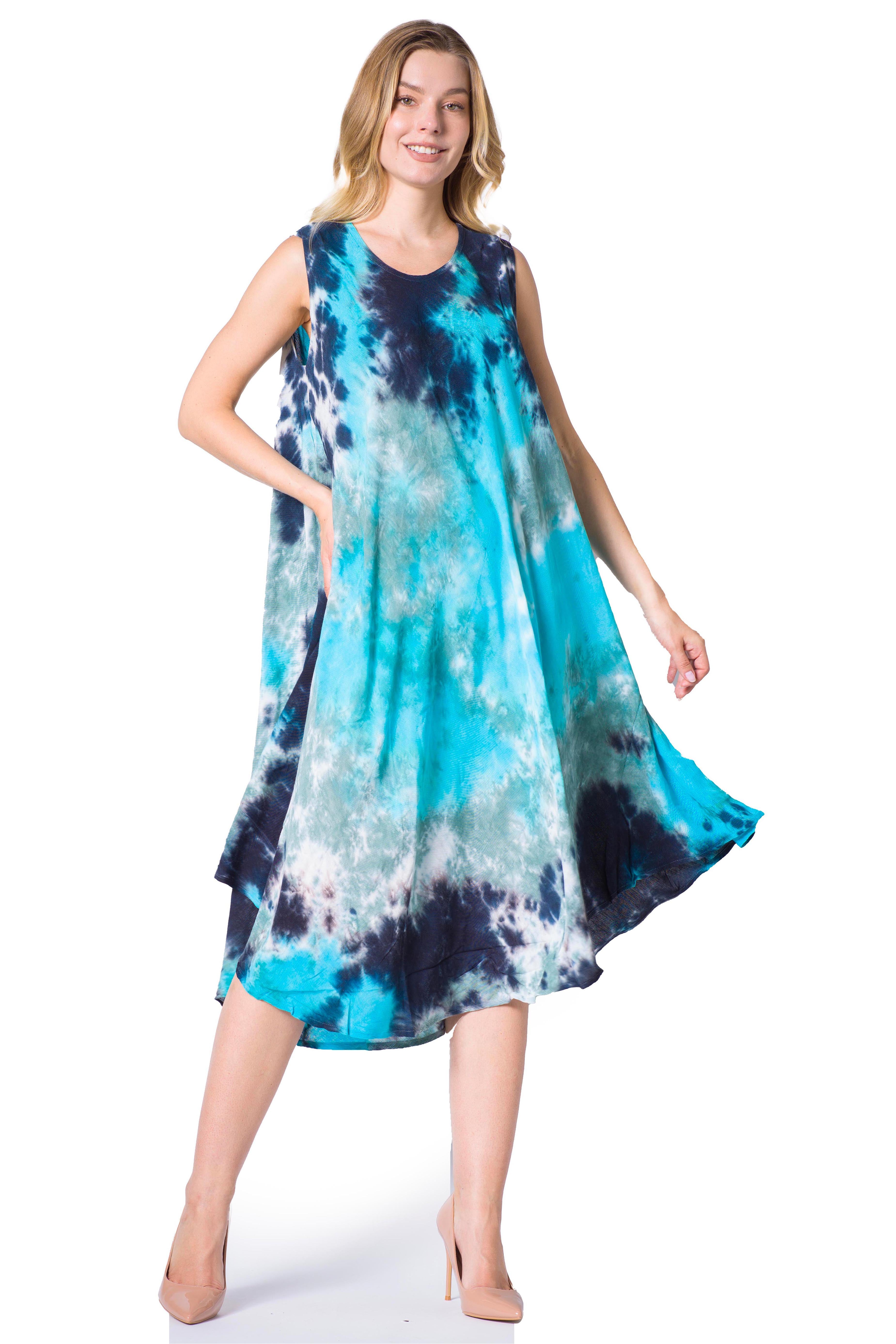 Woman wearing a tie-dye dress on a white background
