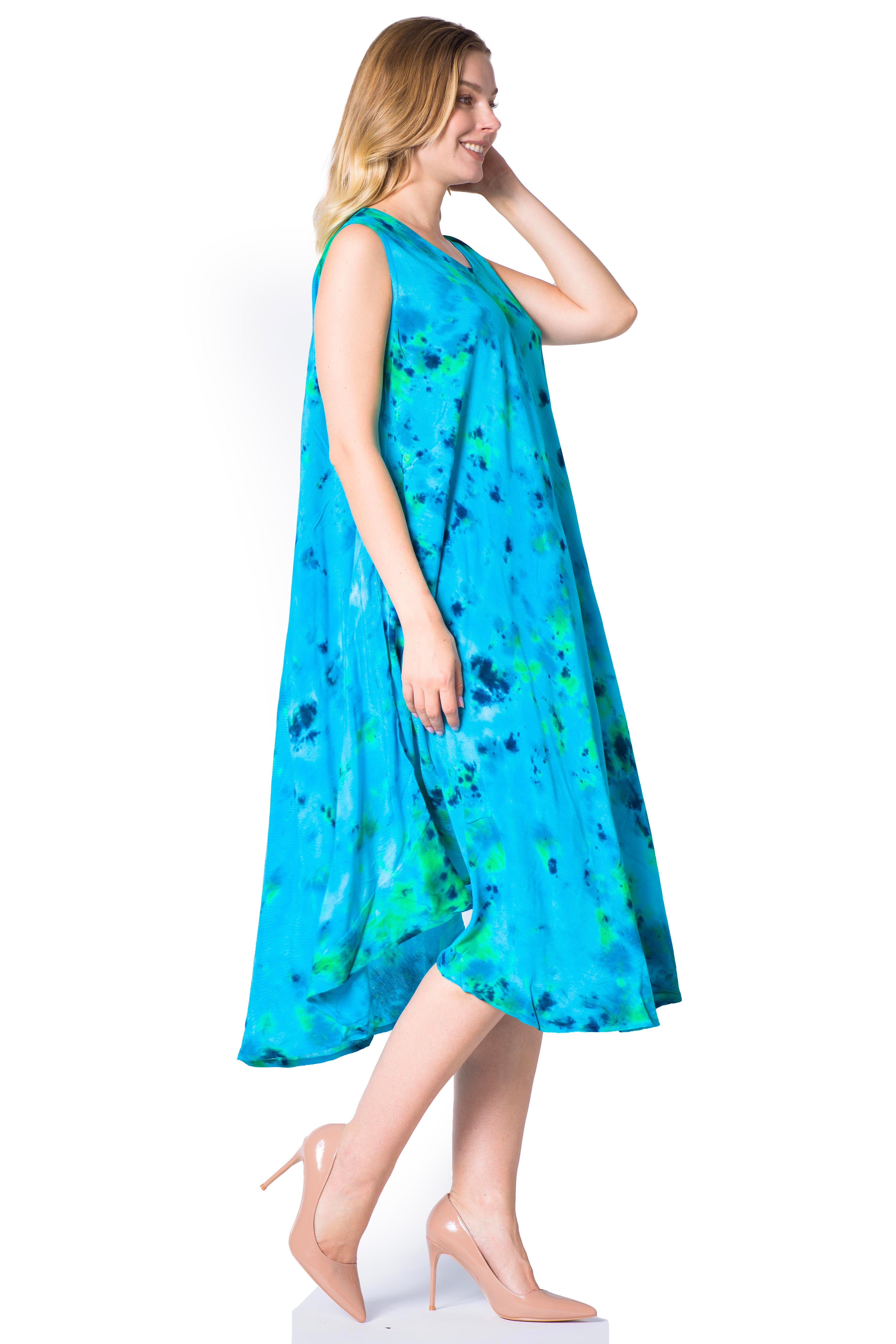 Woman wearing a blue floral dress on a white background