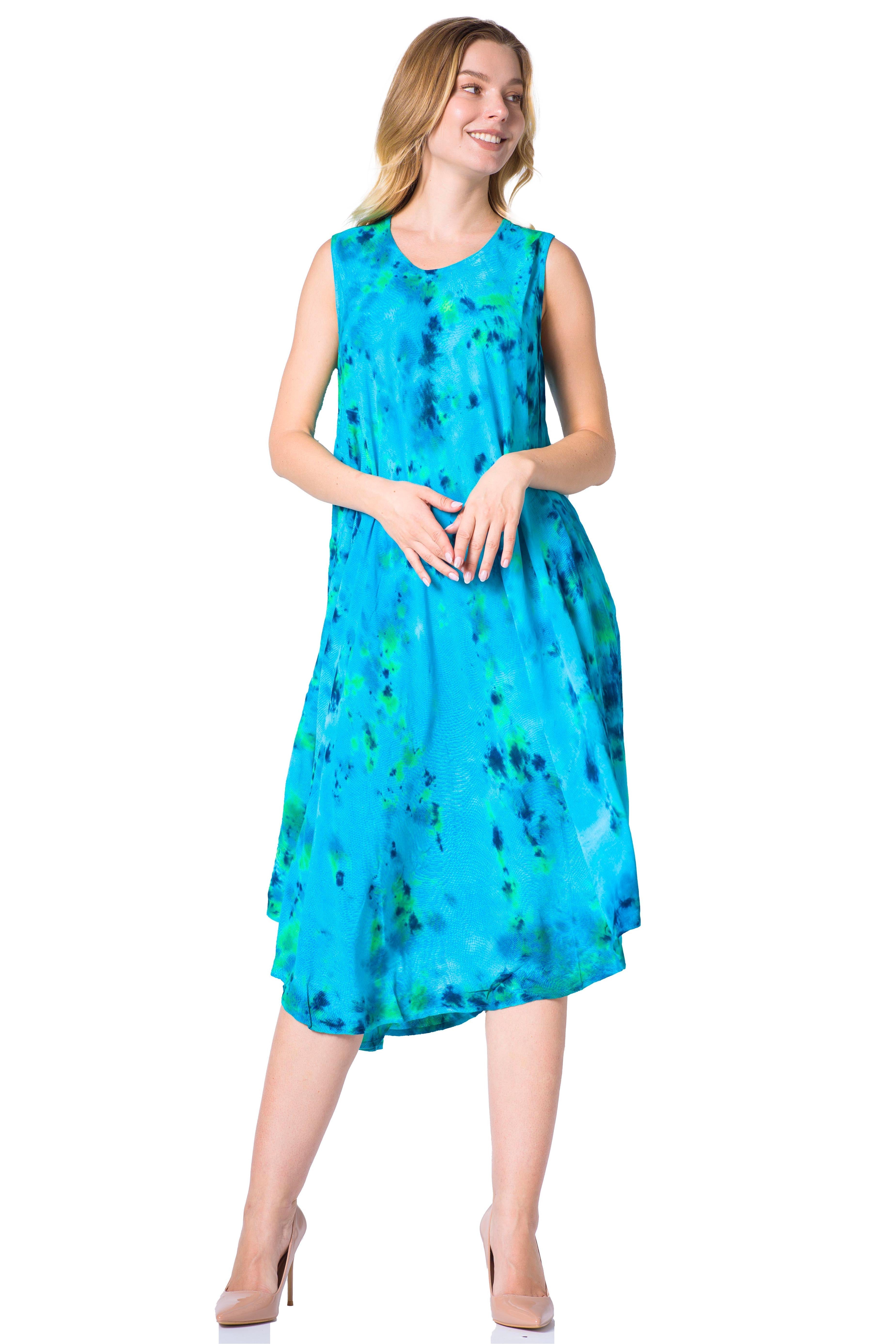 Woman wearing a blue floral dress on a white background