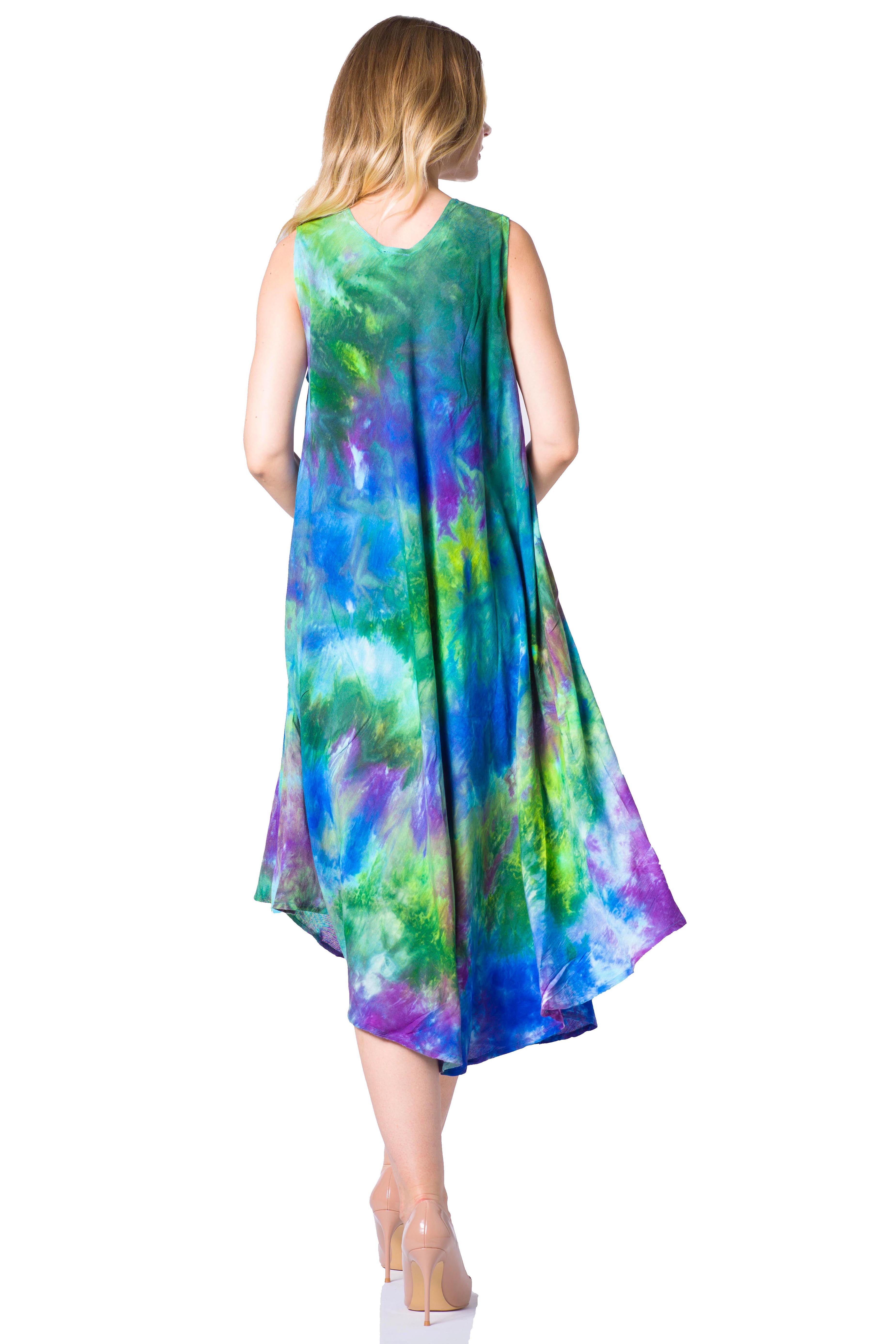 Woman wearing a colorful tie-dye dress on a white background