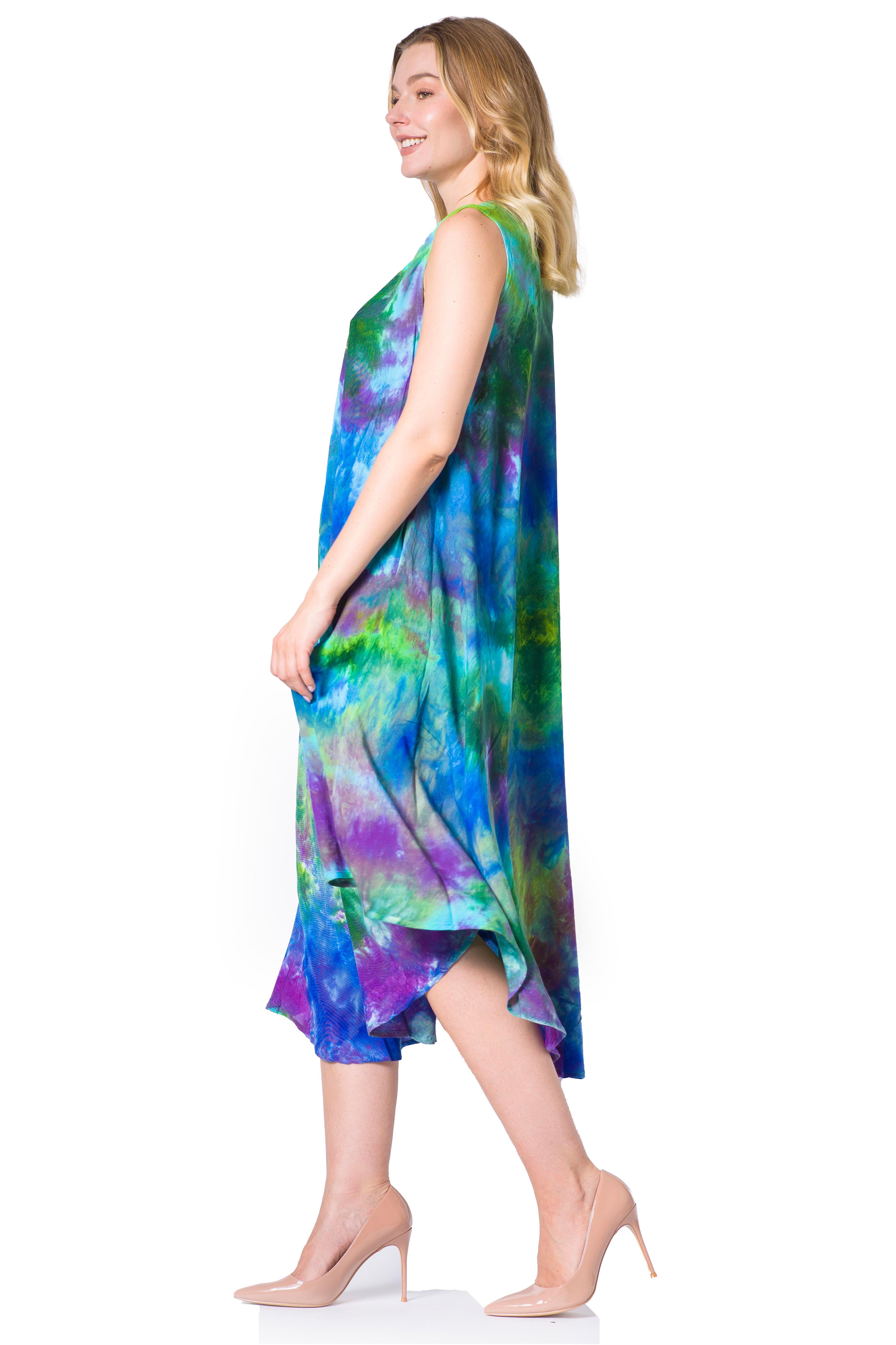 Woman wearing a colorful dress on a white background