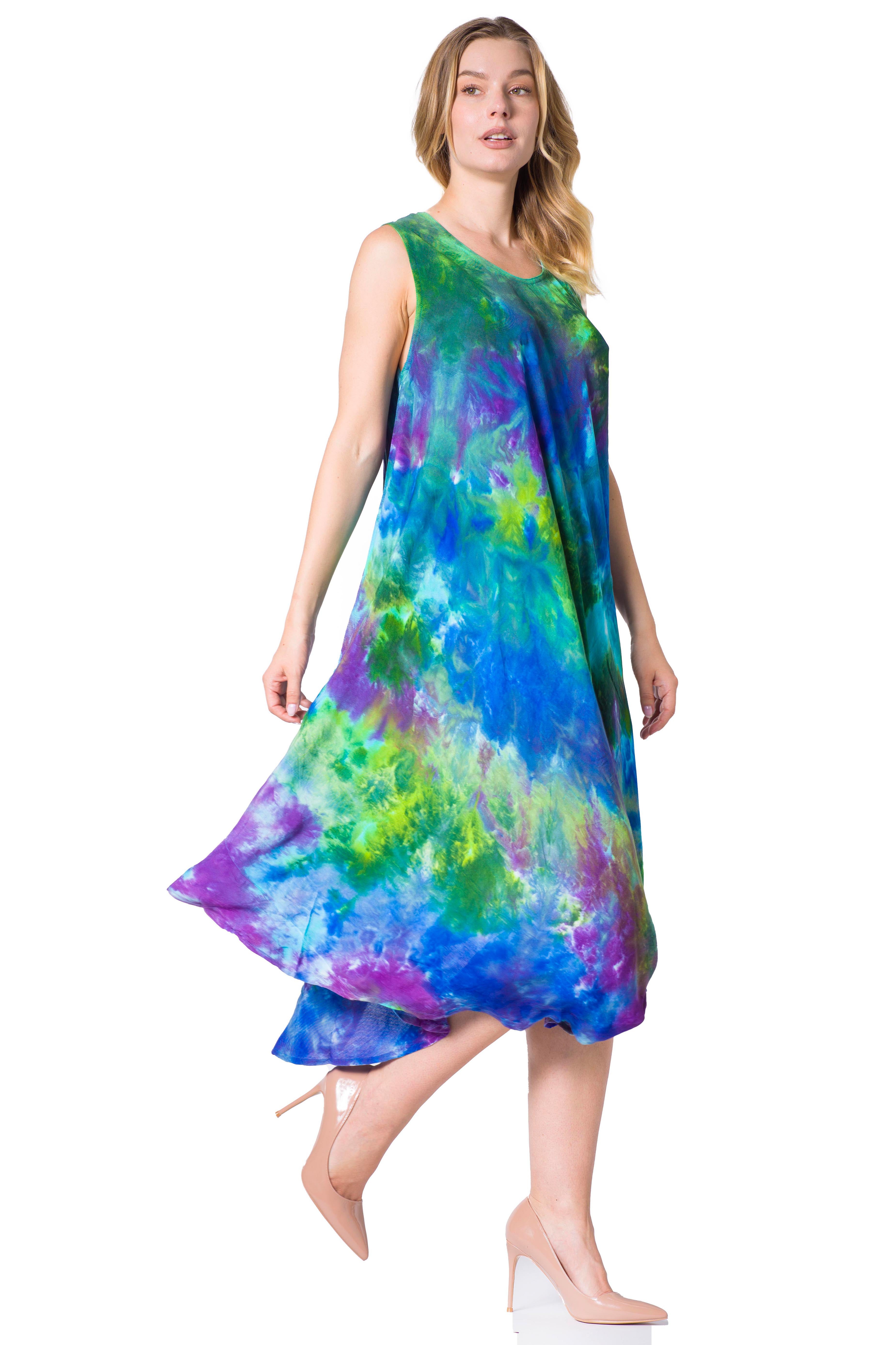 Woman wearing a colorful dress with a white background