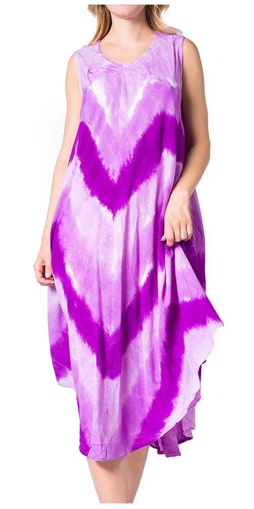 Woman wearing a purple and white tie-dye dress on a white background