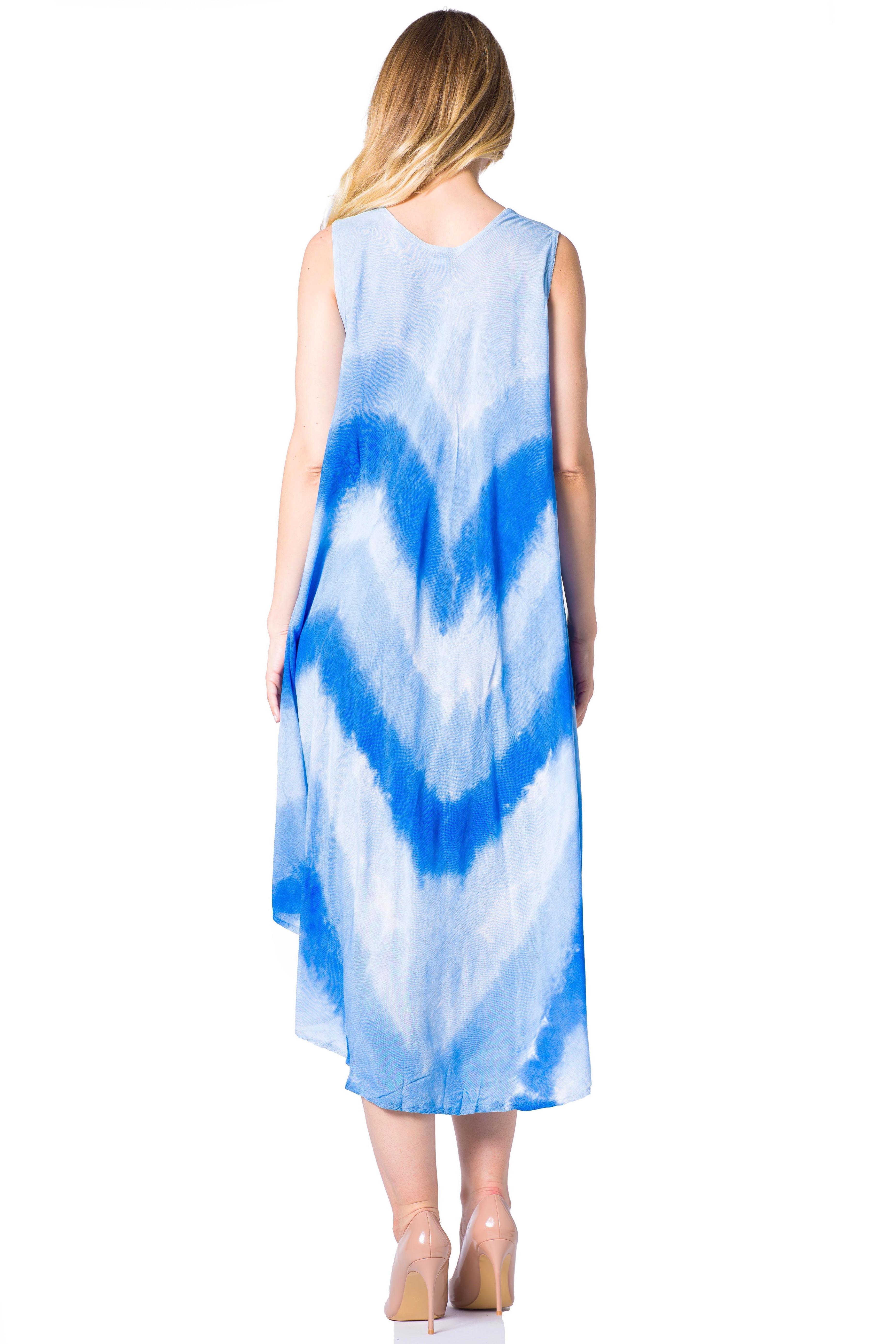 Woman wearing a blue and white tie-dye dress on a white background