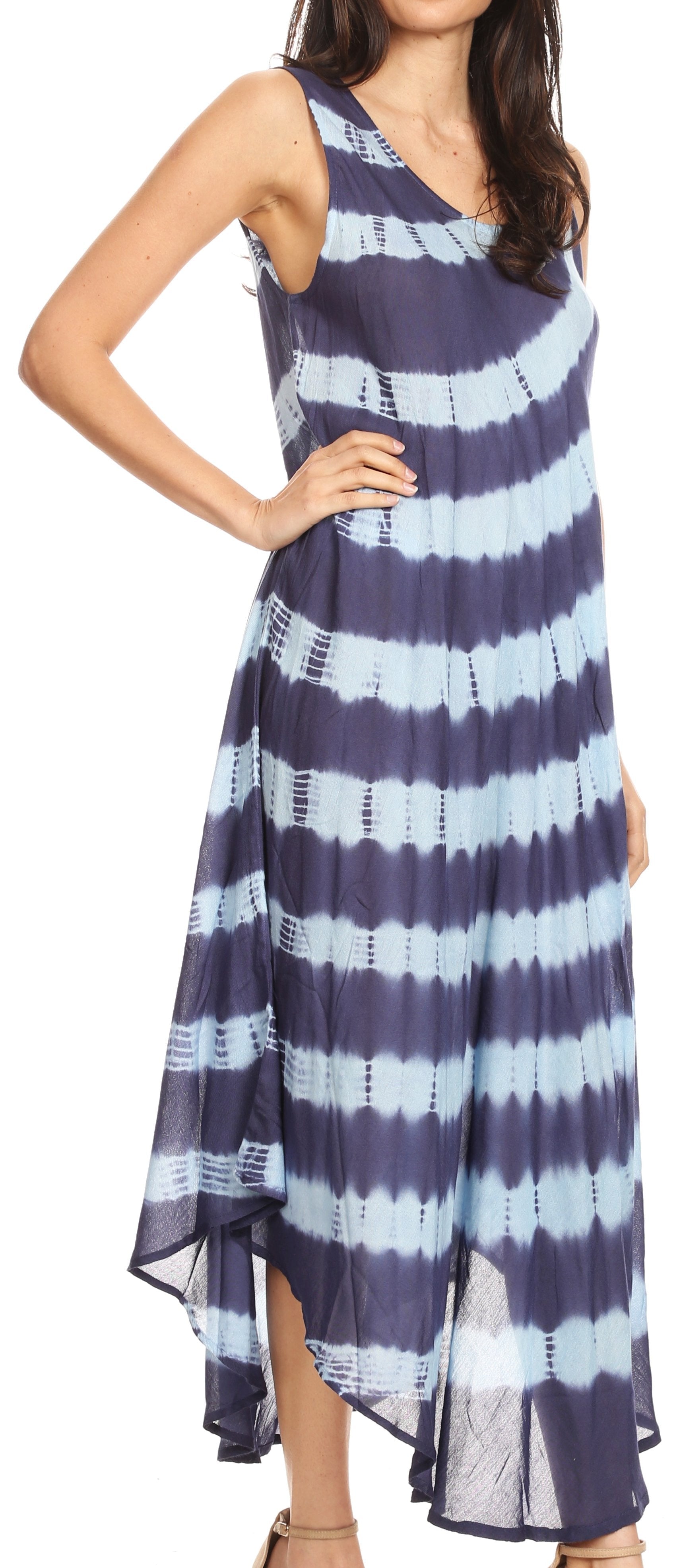 Woman wearing a blue and white striped dress on a white background