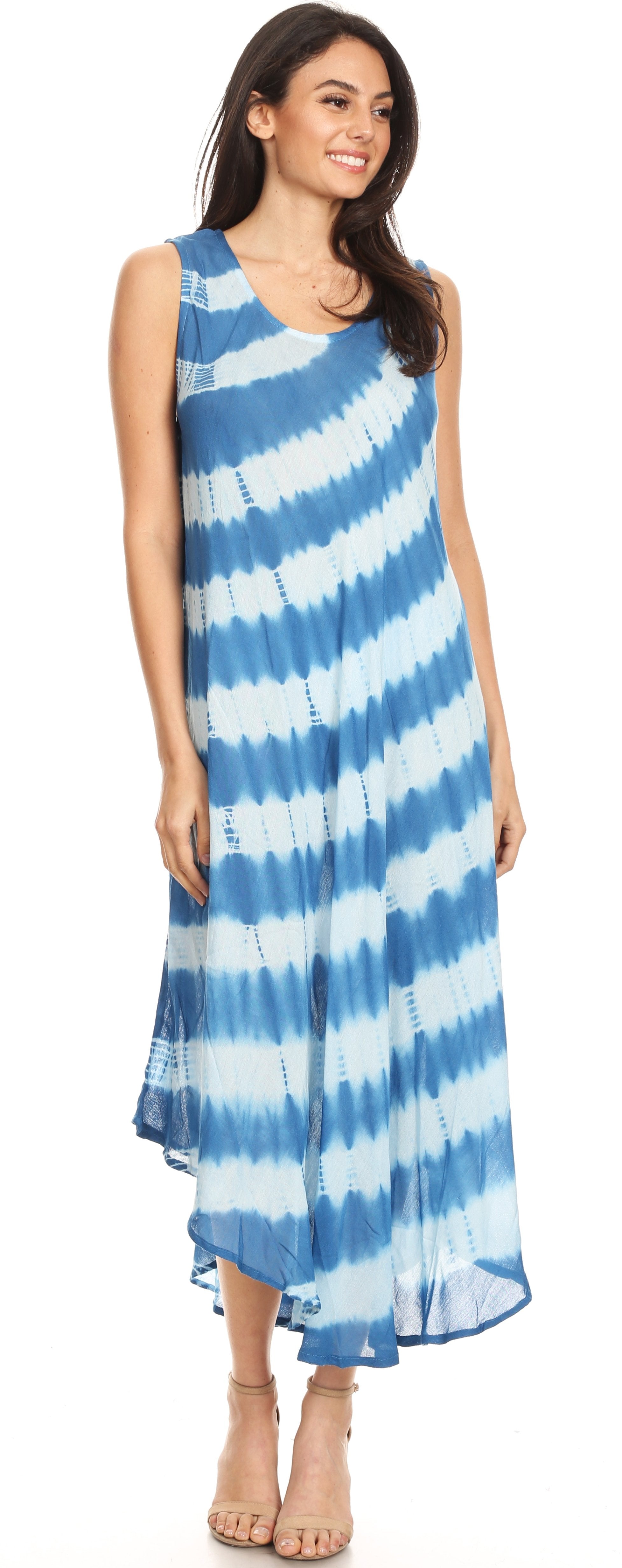 Woman wearing a blue and white striped dress on a white background