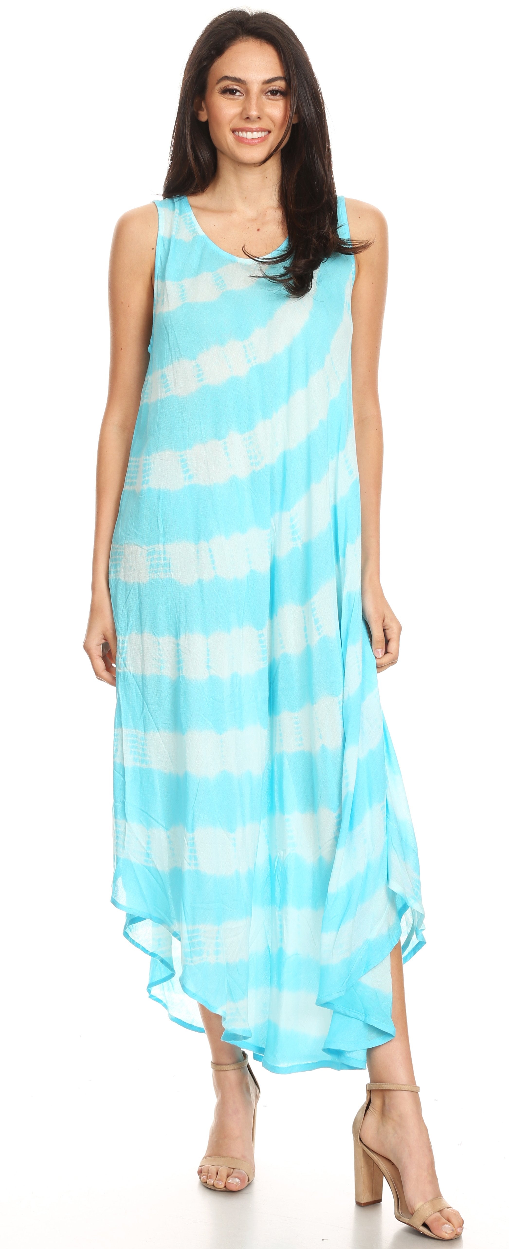 Woman wearing a blue and white striped dress on a white background
