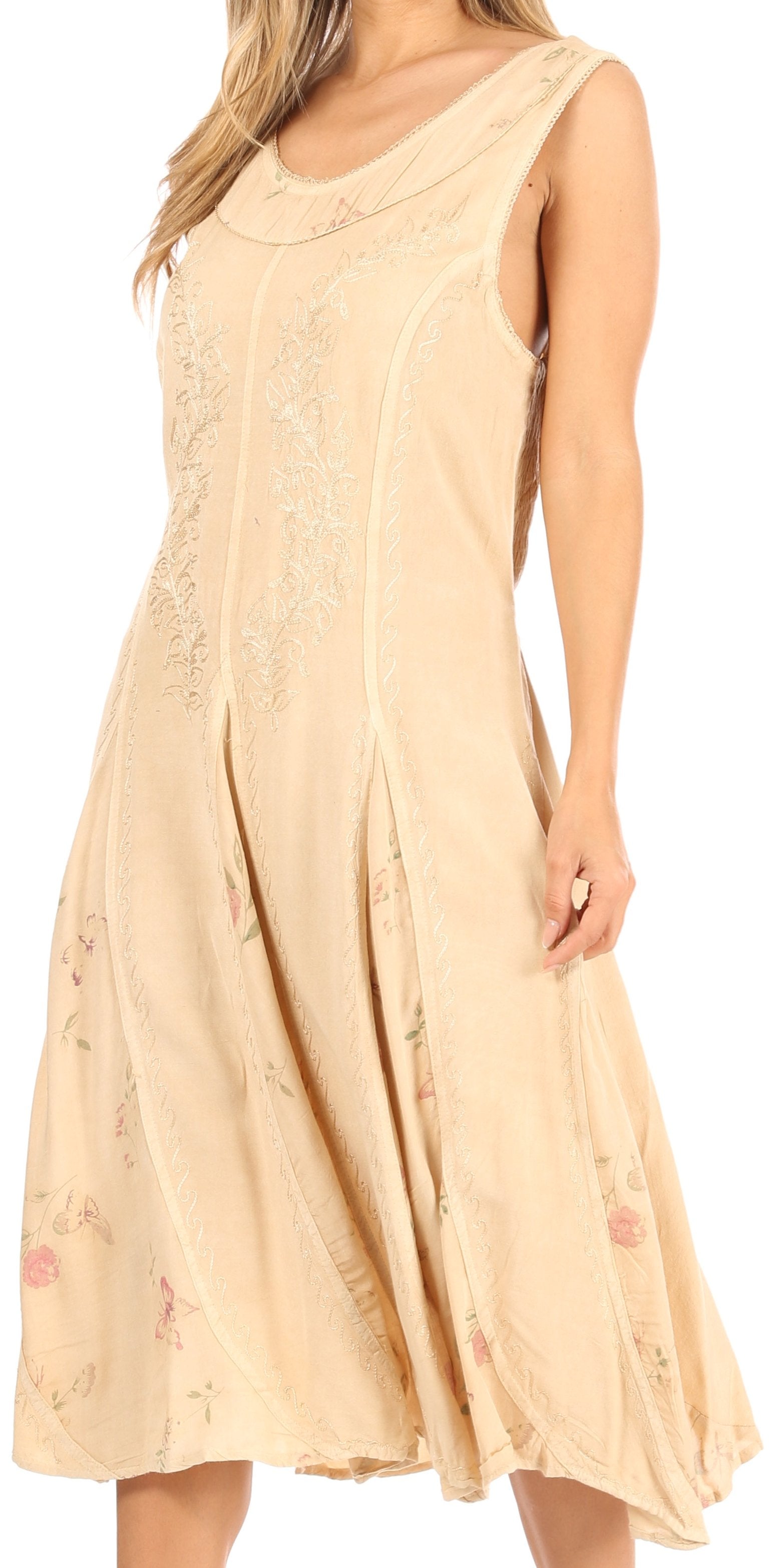 Beige sleeveless dress with floral patterns on a white background