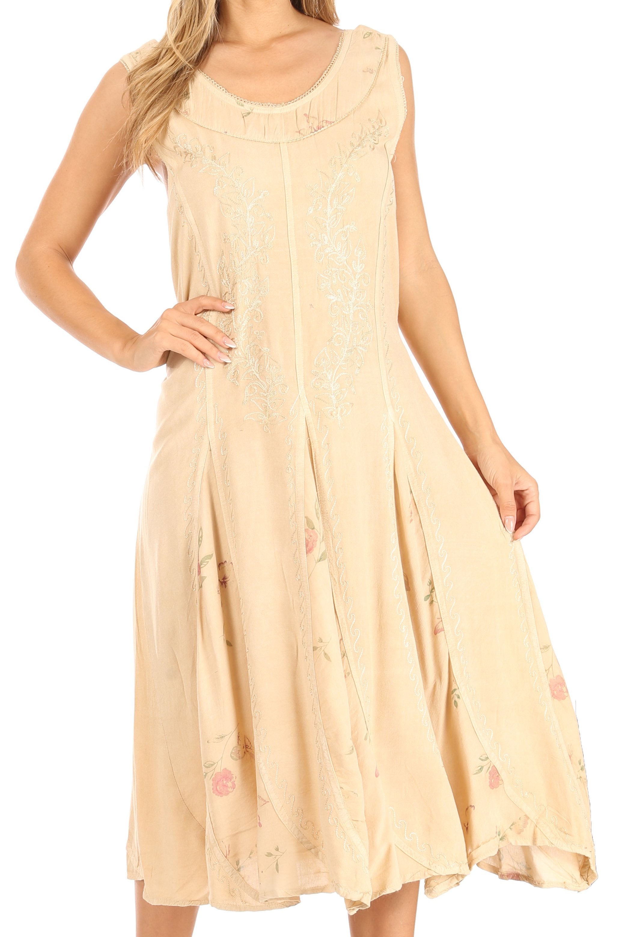 Beige sleeveless dress with floral patterns on a white background