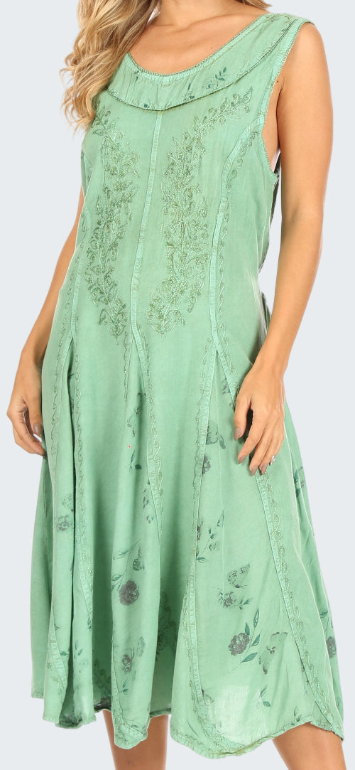 Green sleeveless dress with floral pattern on a white background