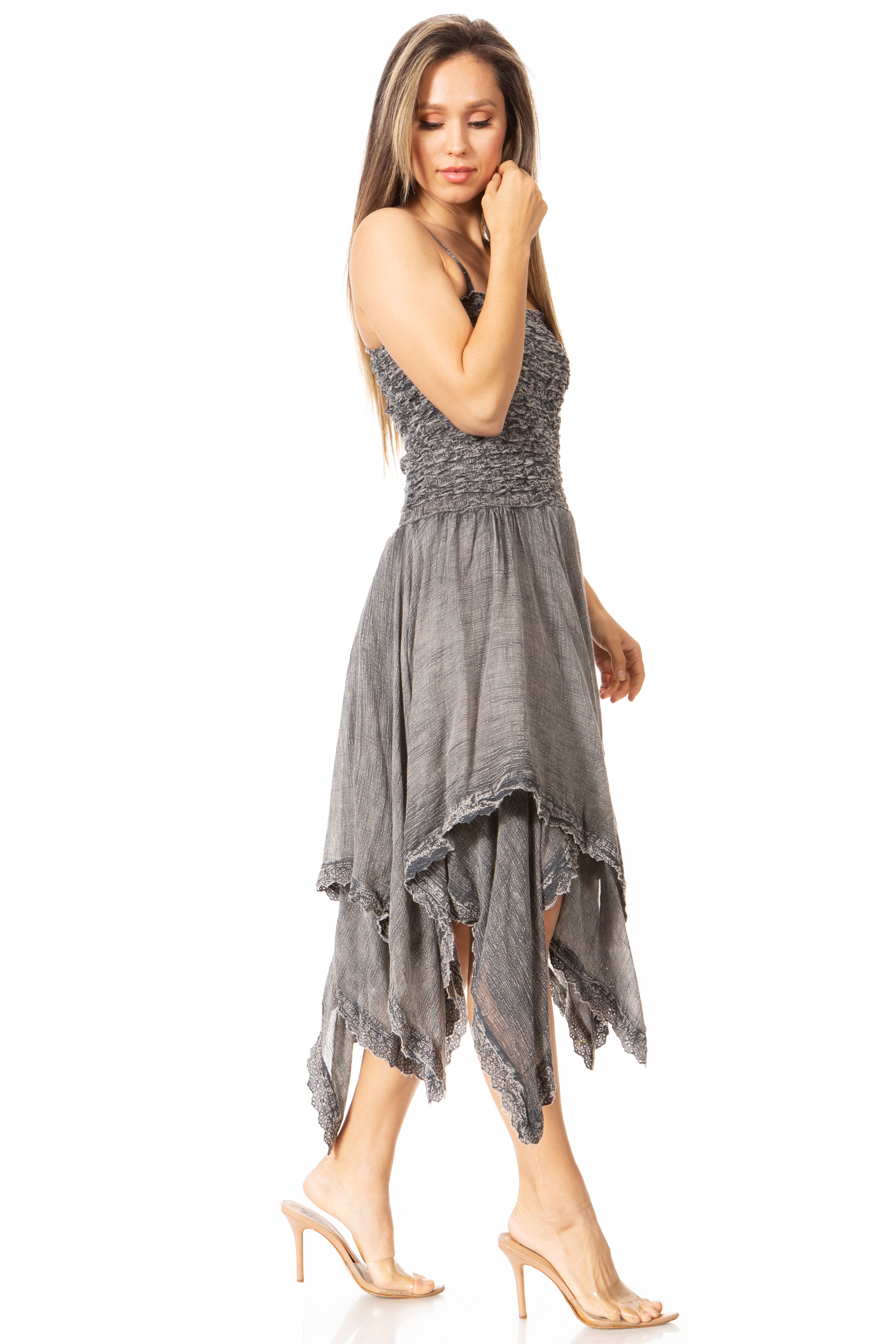 Sakkas - Ella Smocked Bodice Spaghetti Strap Double Layered Dress