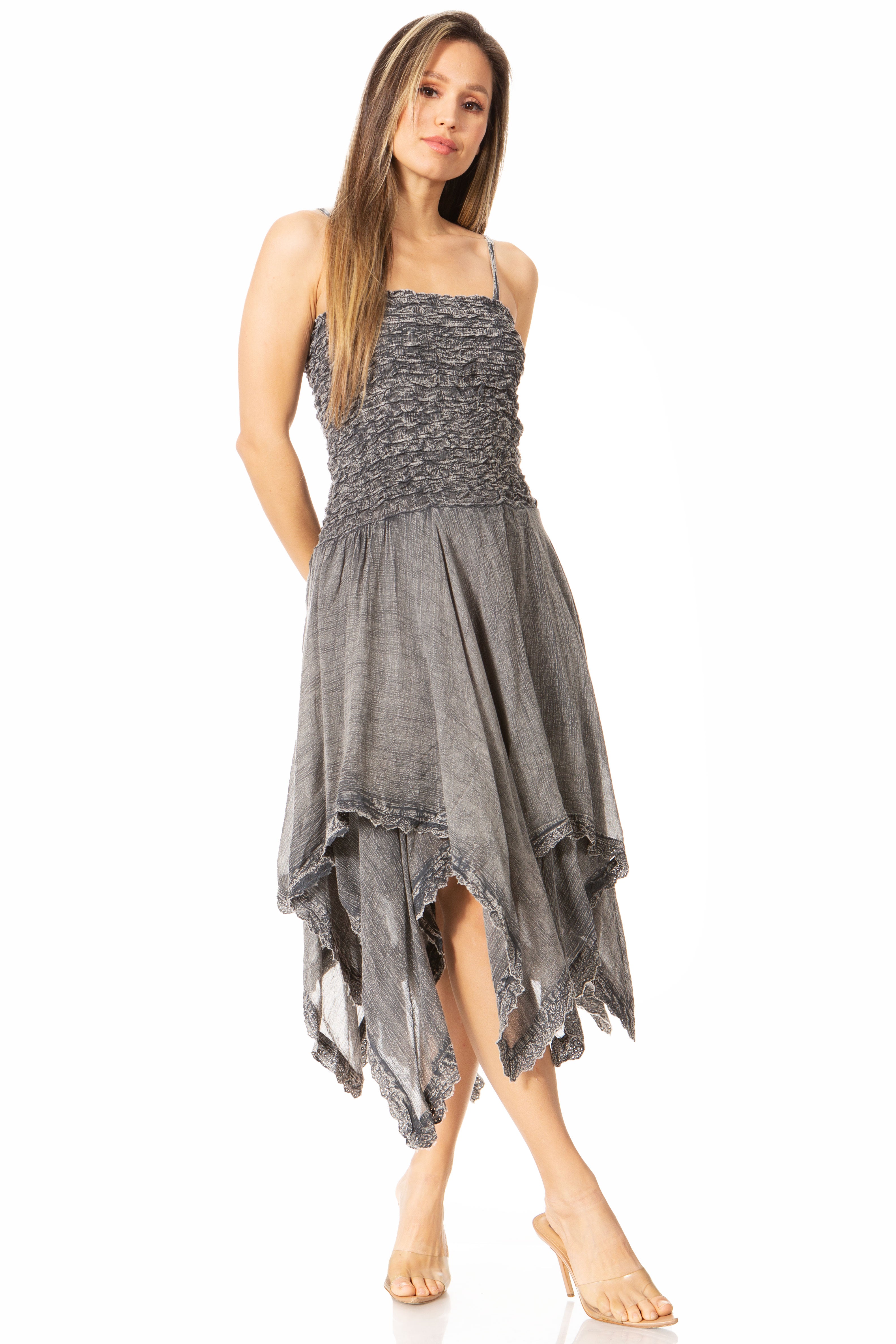Sakkas - Ella Smocked Bodice Spaghetti Strap Double Layered Dress
