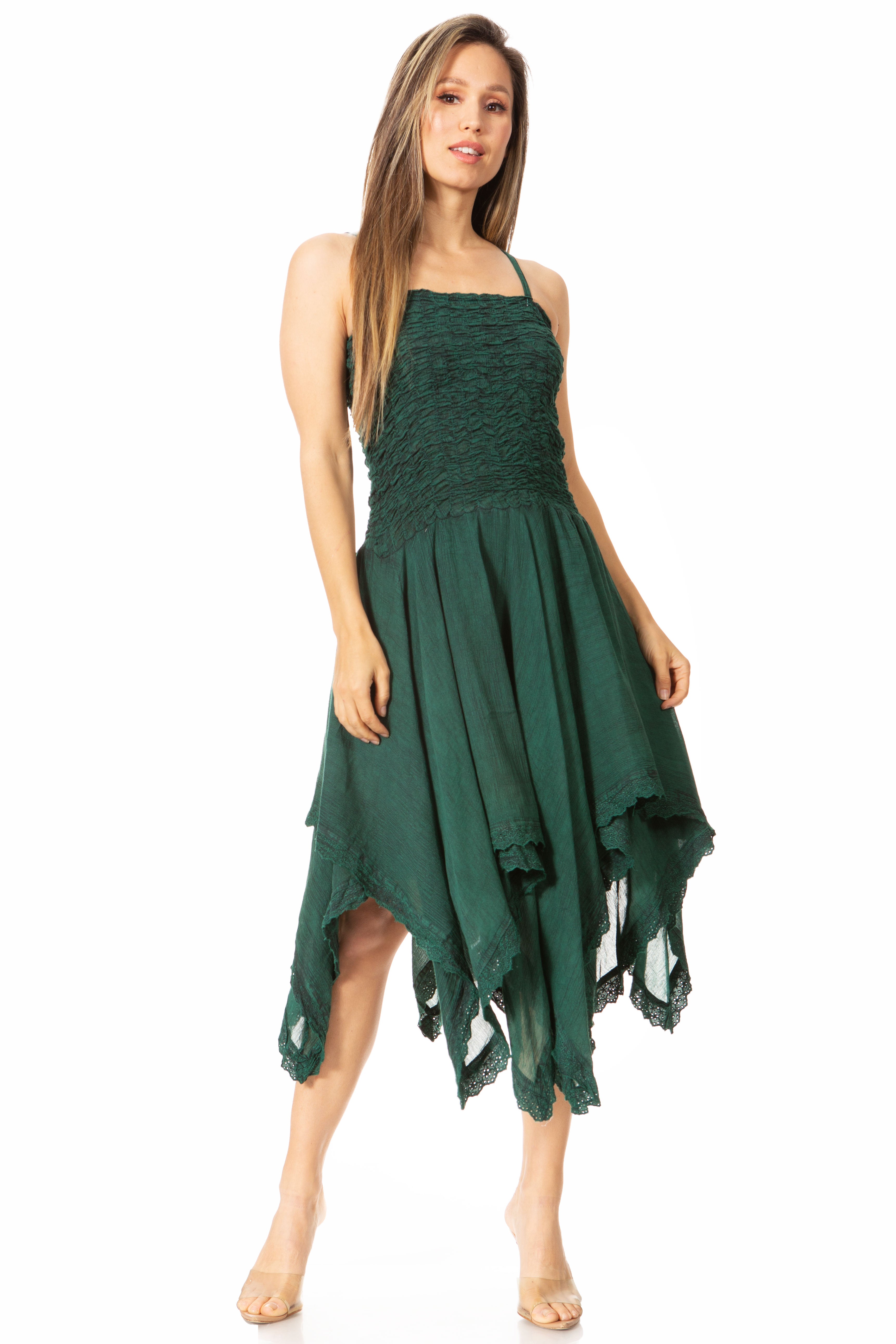 Sakkas - Ella Smocked Bodice Spaghetti Strap Double Layered Dress