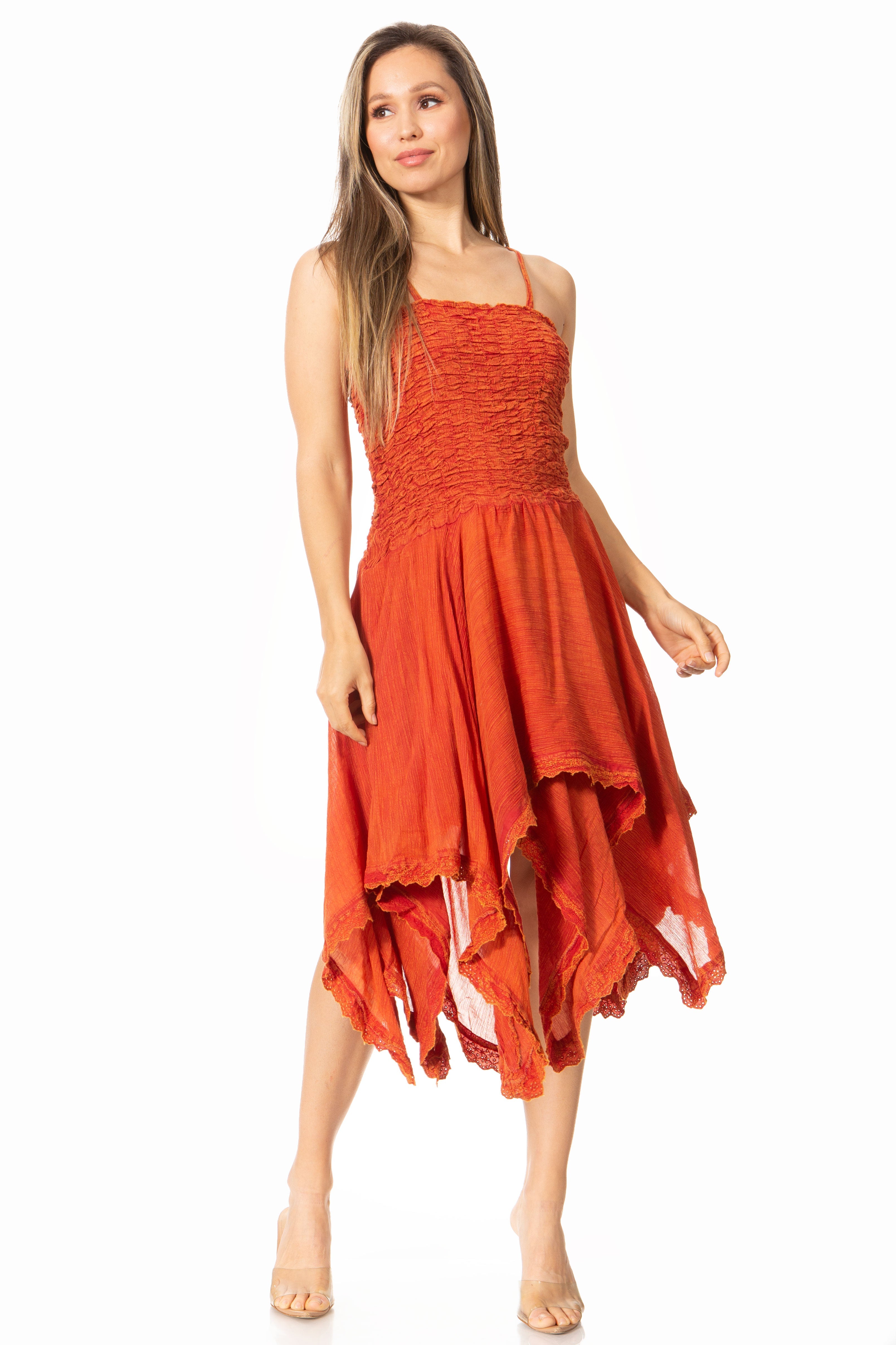 Sakkas - Ella Smocked Bodice Spaghetti Strap Double Layered Dress