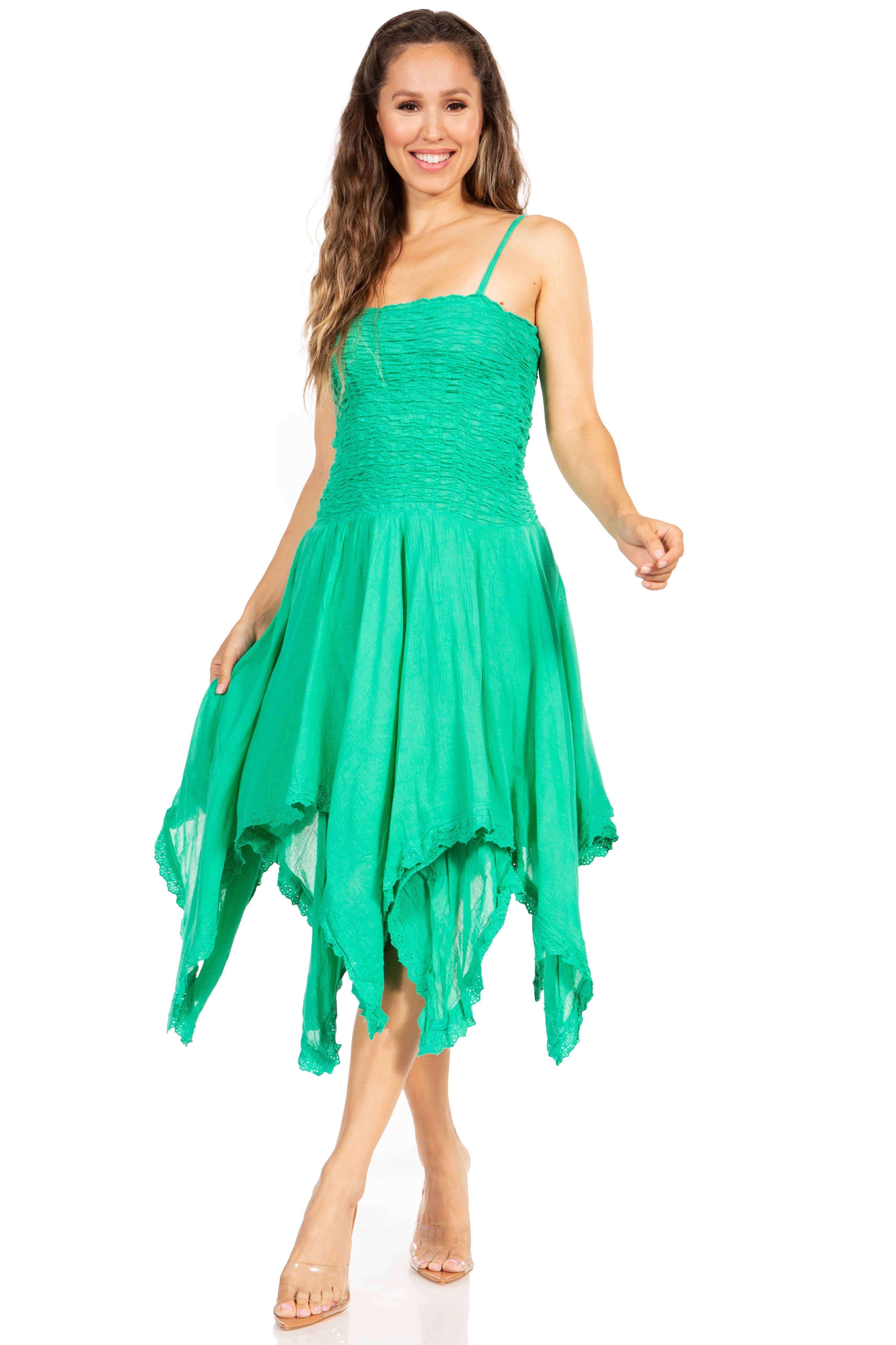 Sakkas - Ella Smocked Bodice Spaghetti Strap Double Layered Dress