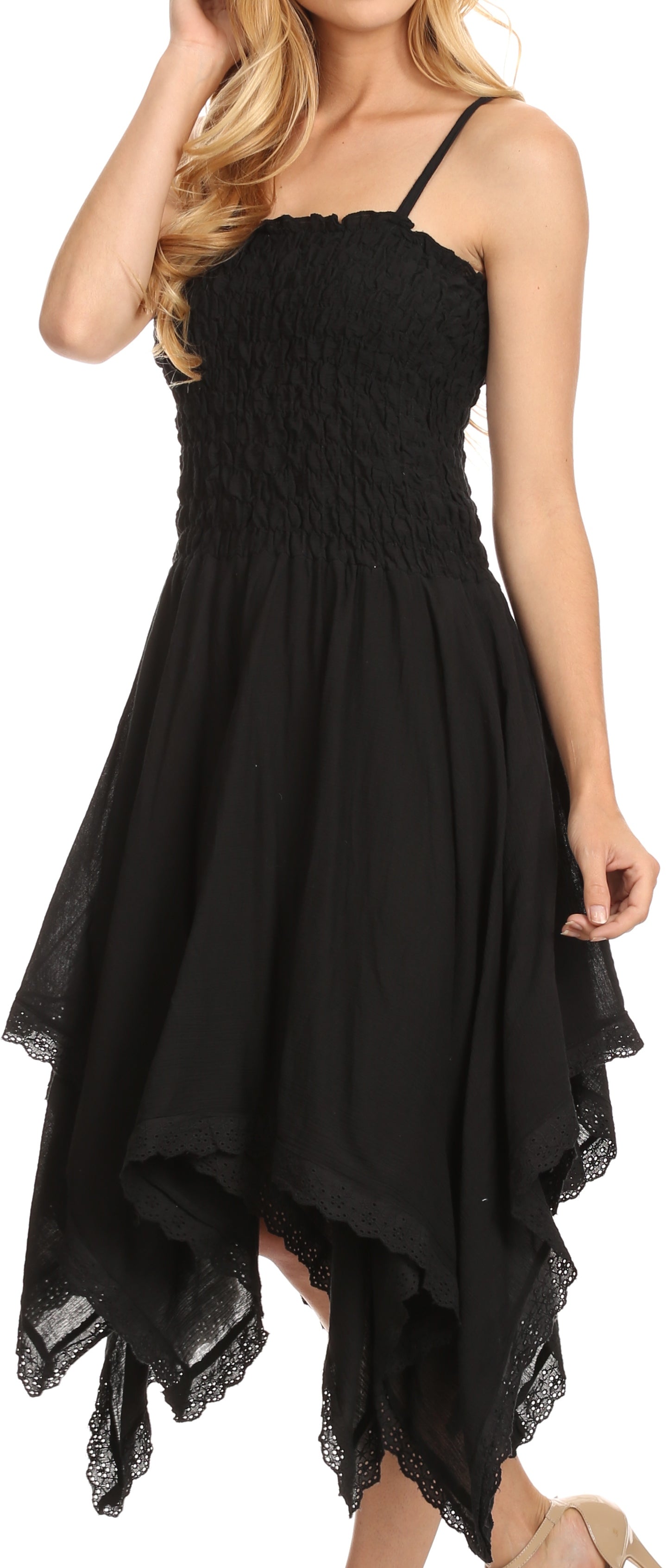 Sakkas - Ella Smocked Bodice Spaghetti Strap Double Layered Dress
