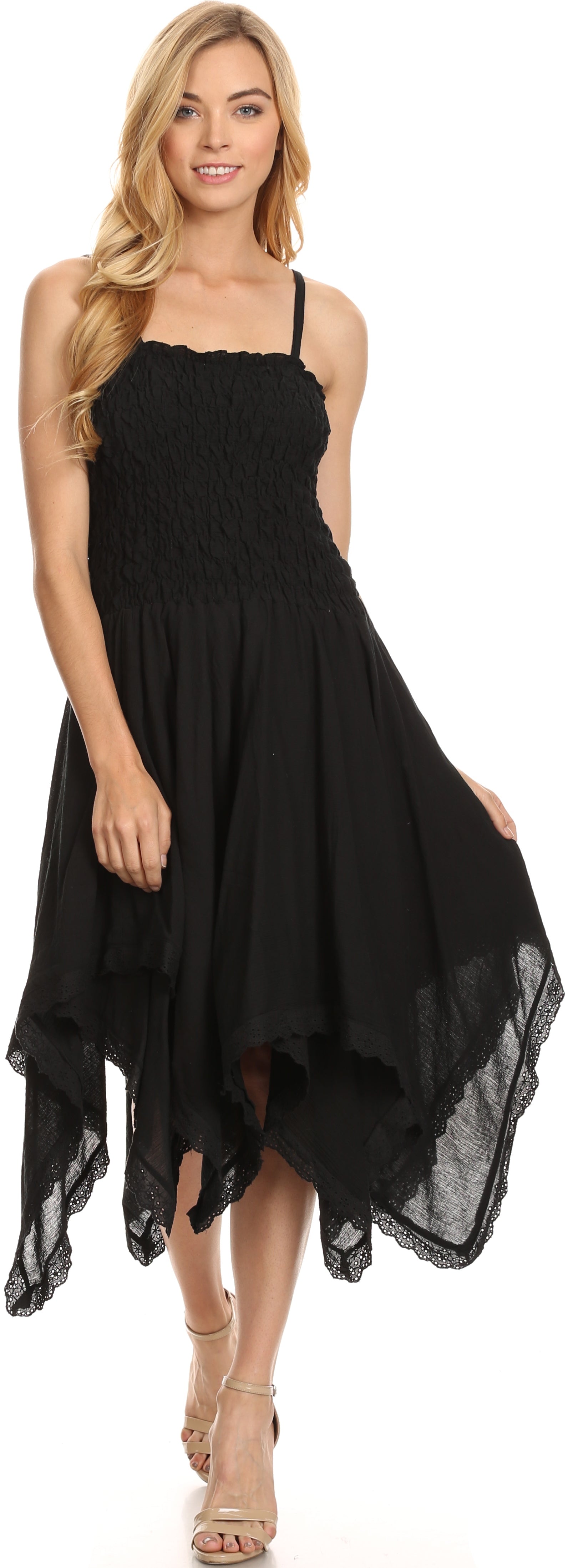 Sakkas - Ella Smocked Bodice Spaghetti Strap Double Layered Dress