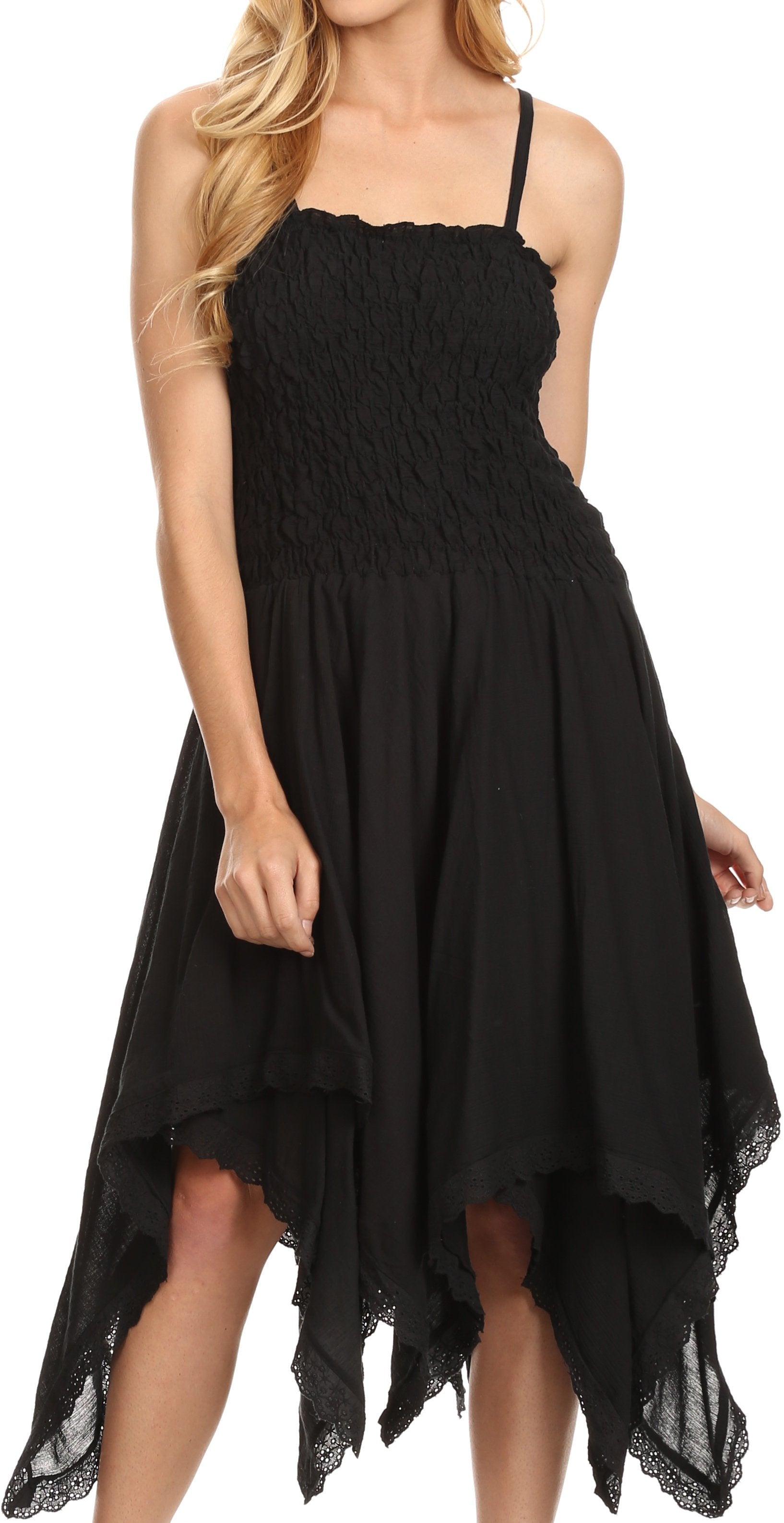 Sakkas - Ella Smocked Bodice Spaghetti Strap Double Layered Dress