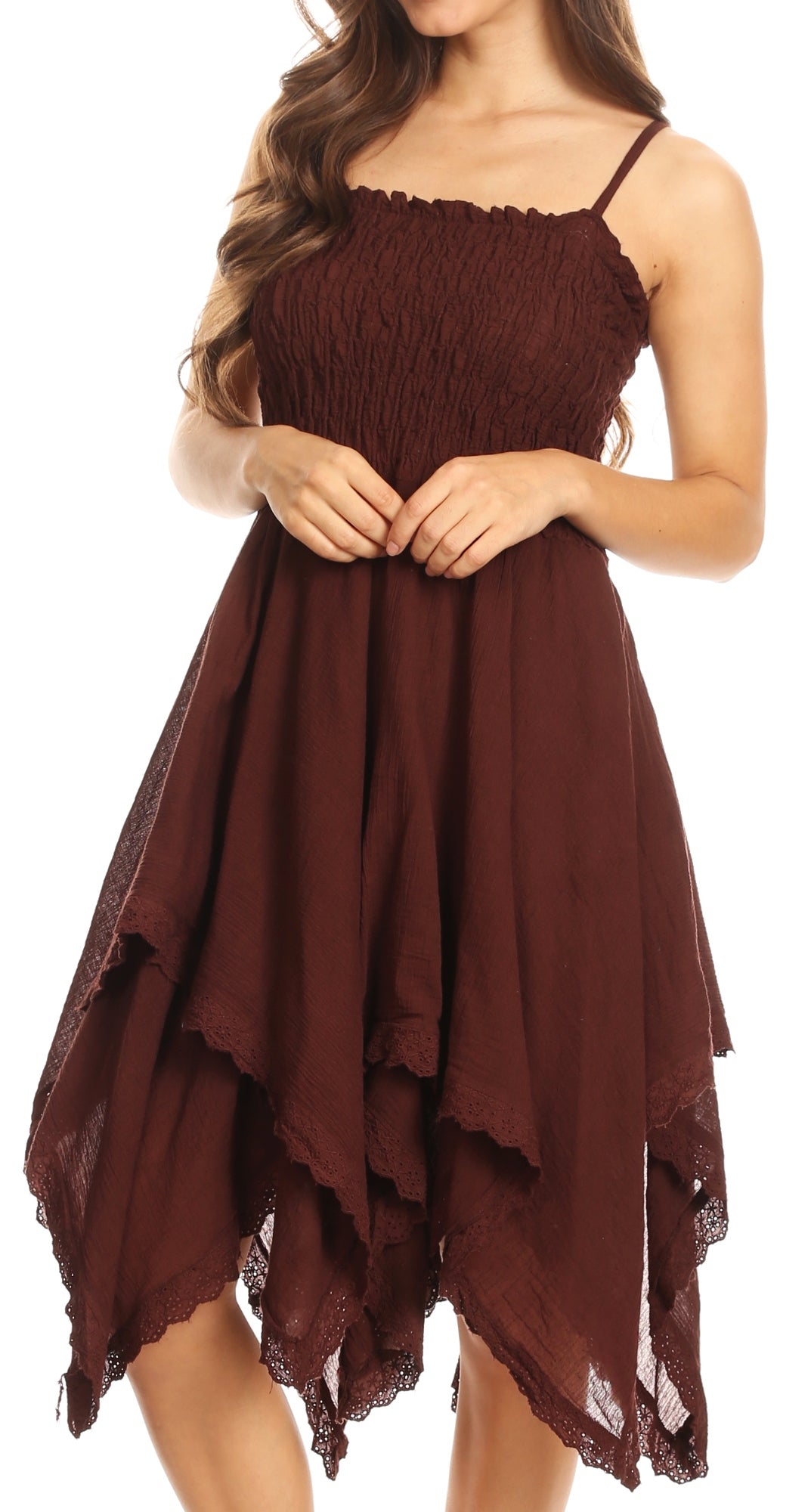 Sakkas - Ella Smocked Bodice Spaghetti Strap Double Layered Dress