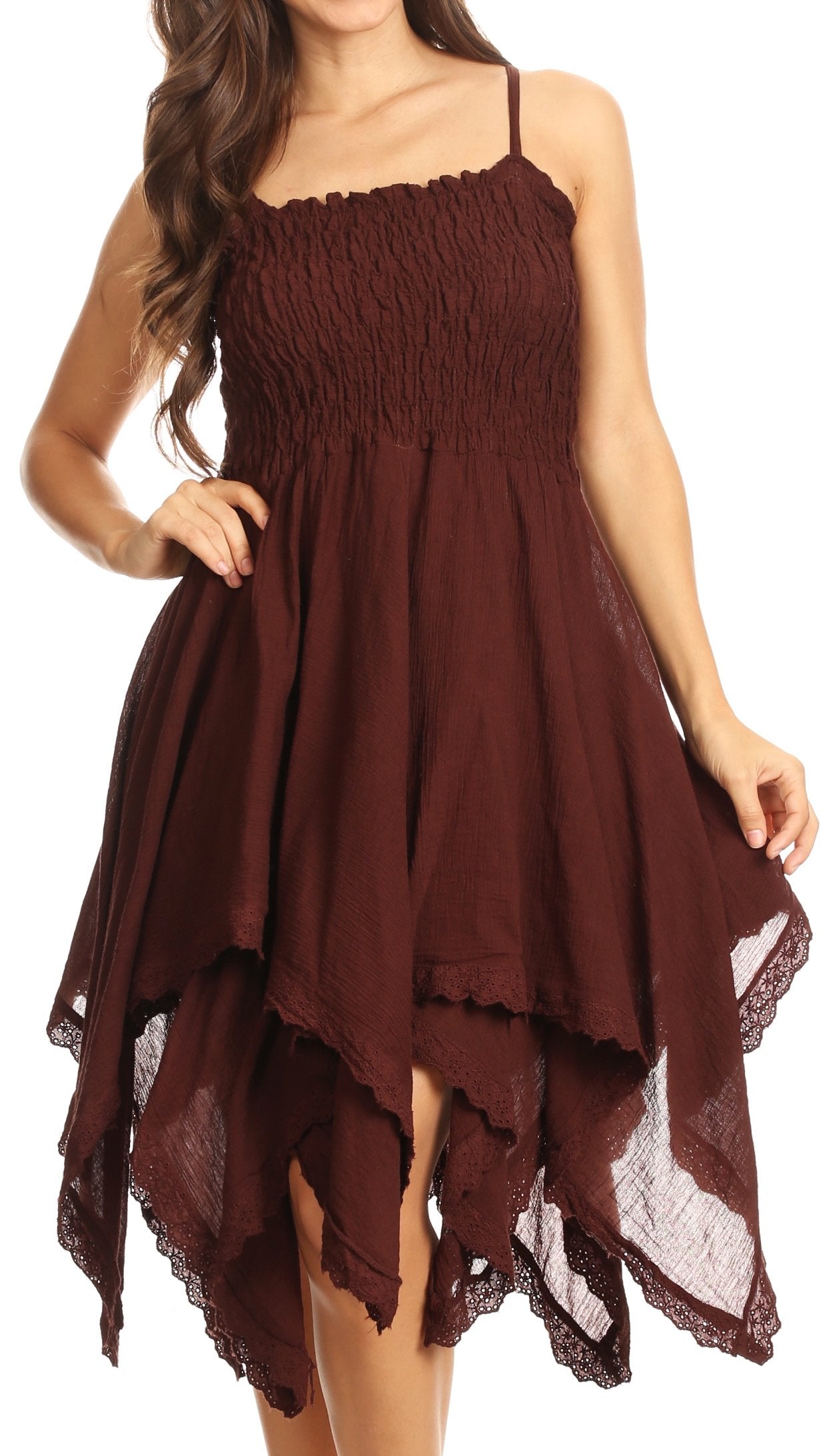 Sakkas - Ella Smocked Bodice Spaghetti Strap Double Layered Dress
