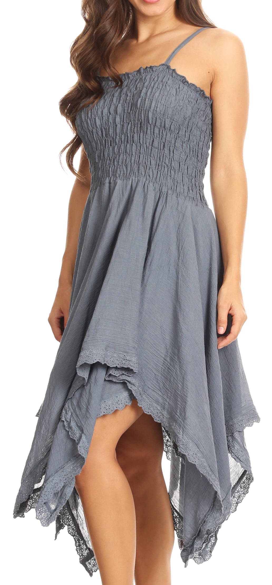 Sakkas - Ella Smocked Bodice Spaghetti Strap Double Layered Dress