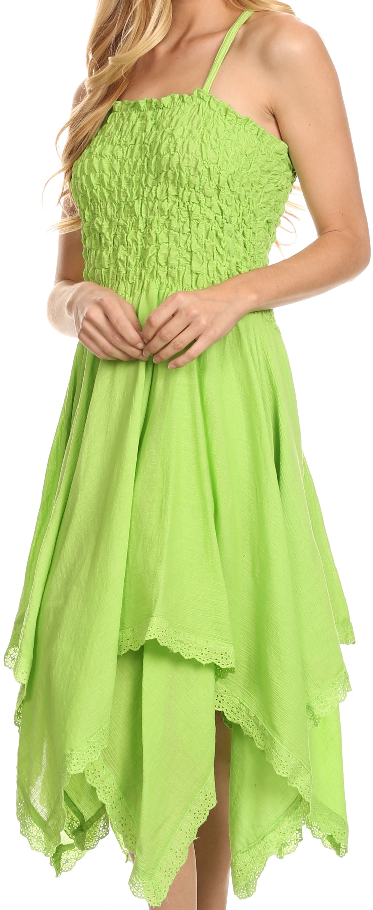Sakkas - Ella Smocked Bodice Spaghetti Strap Double Layered Dress