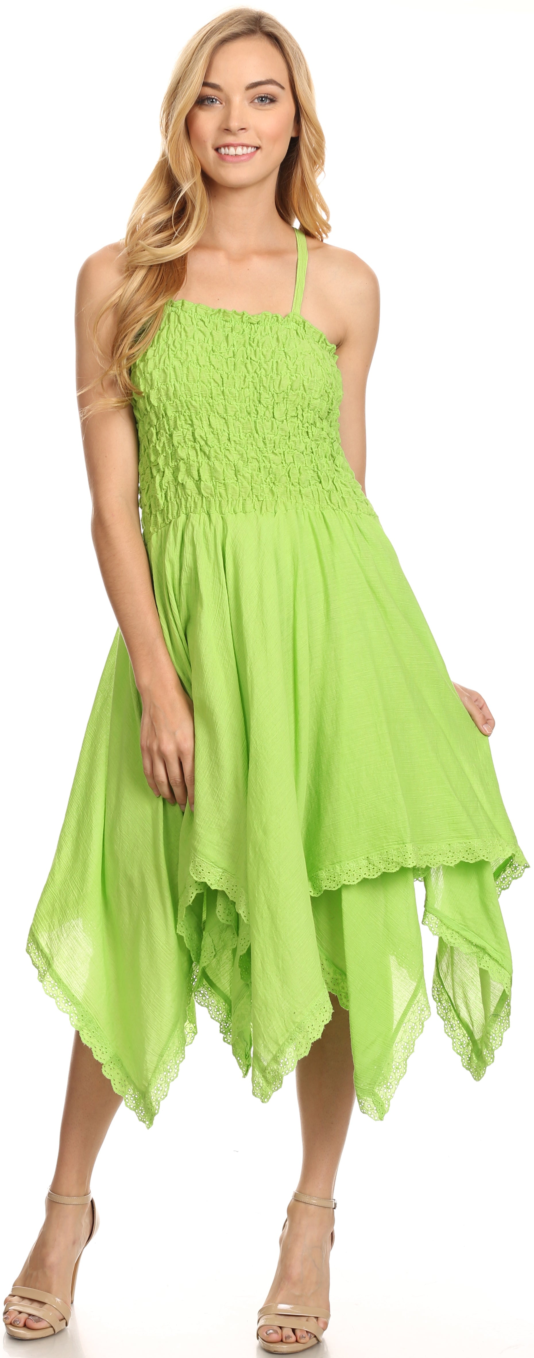 Sakkas - Ella Smocked Bodice Spaghetti Strap Double Layered Dress