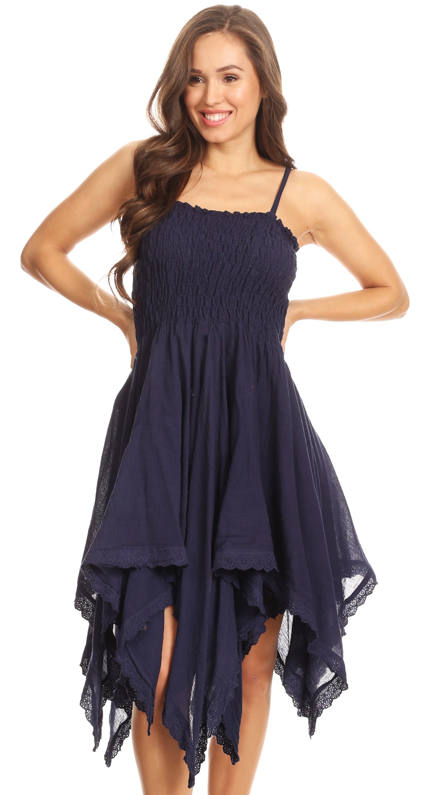 Sakkas - Ella Smocked Bodice Spaghetti Strap Double Layered Dress