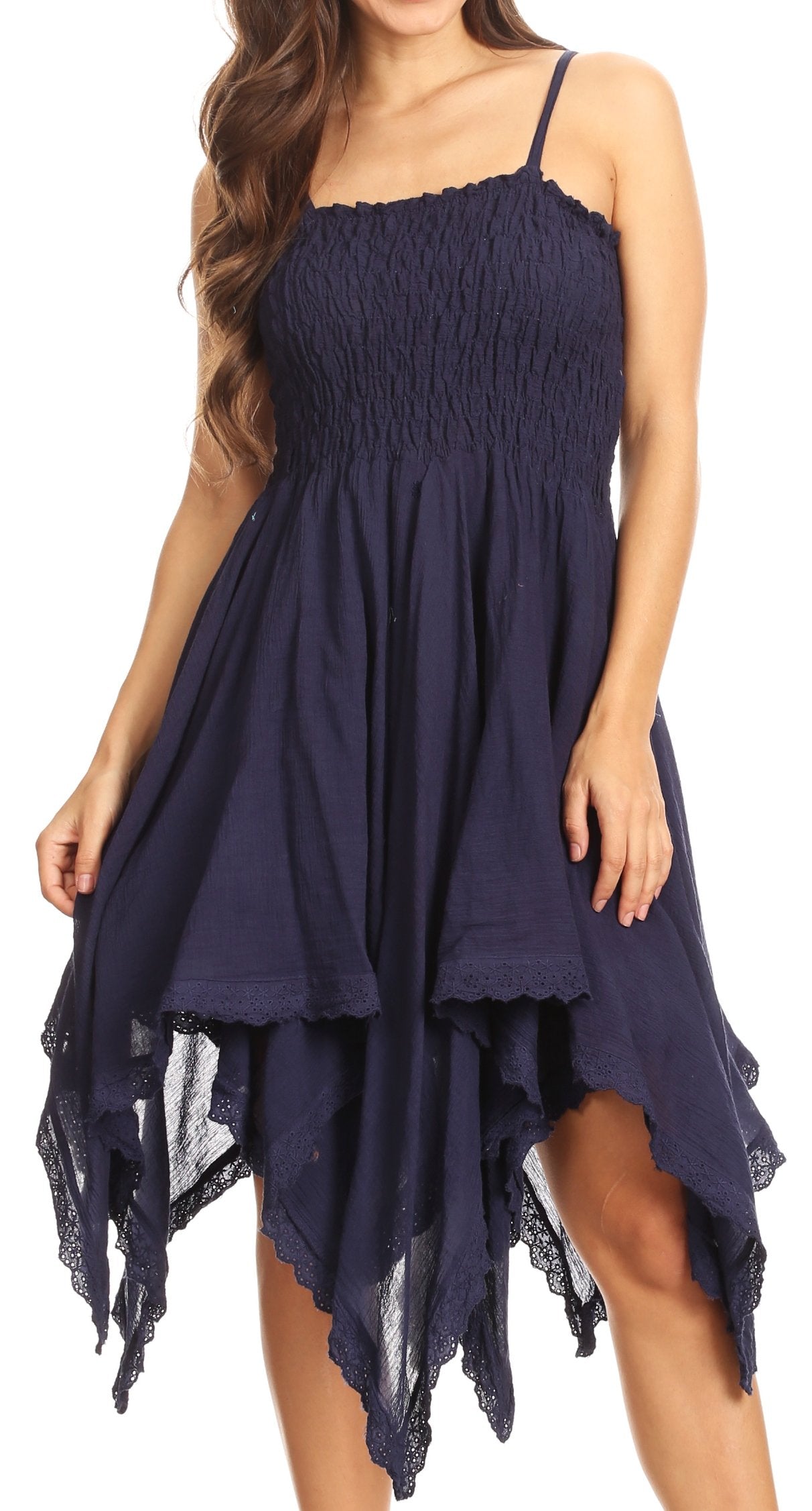 Sakkas - Ella Smocked Bodice Spaghetti Strap Double Layered Dress