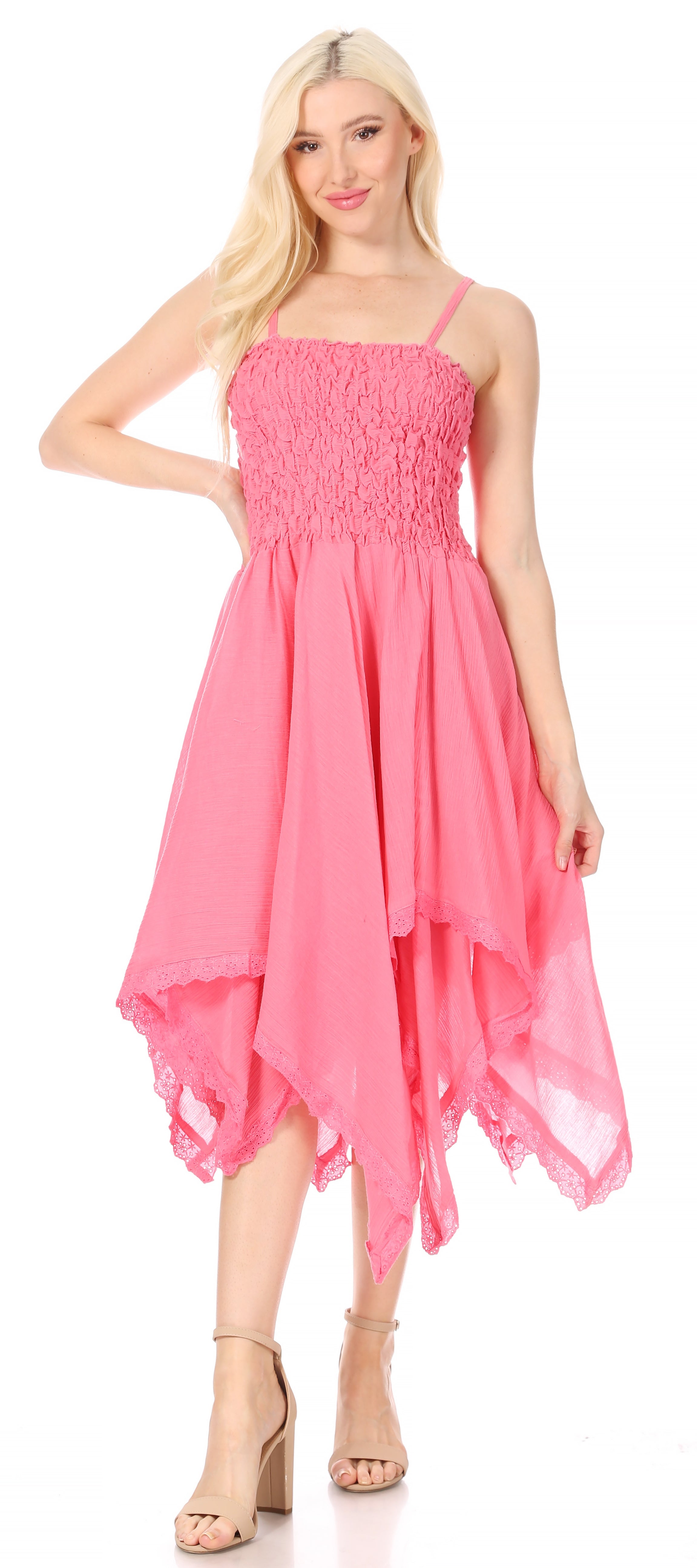 Sakkas - Ella Smocked Bodice Spaghetti Strap Double Layered Dress
