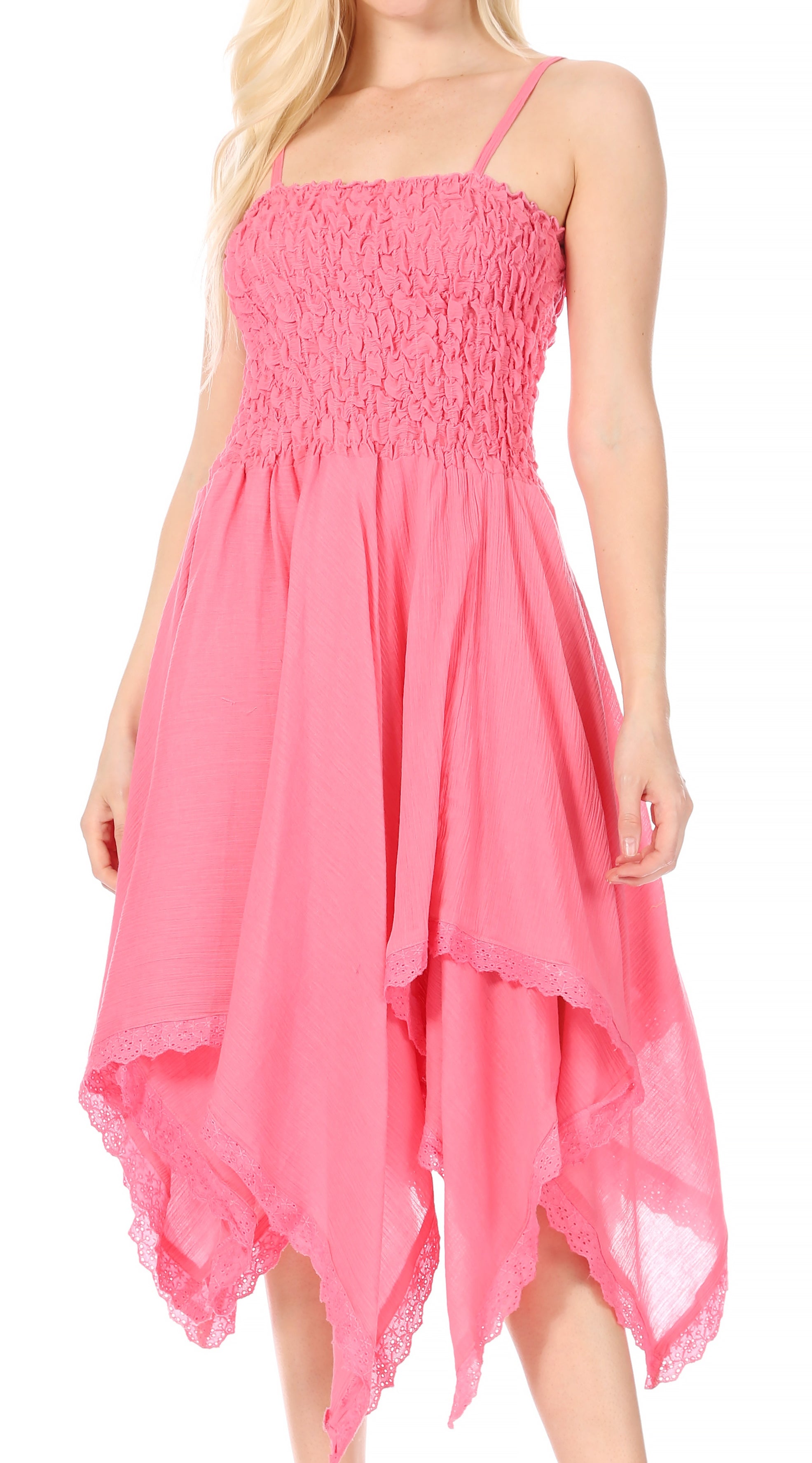 Sakkas - Ella Smocked Bodice Spaghetti Strap Double Layered Dress