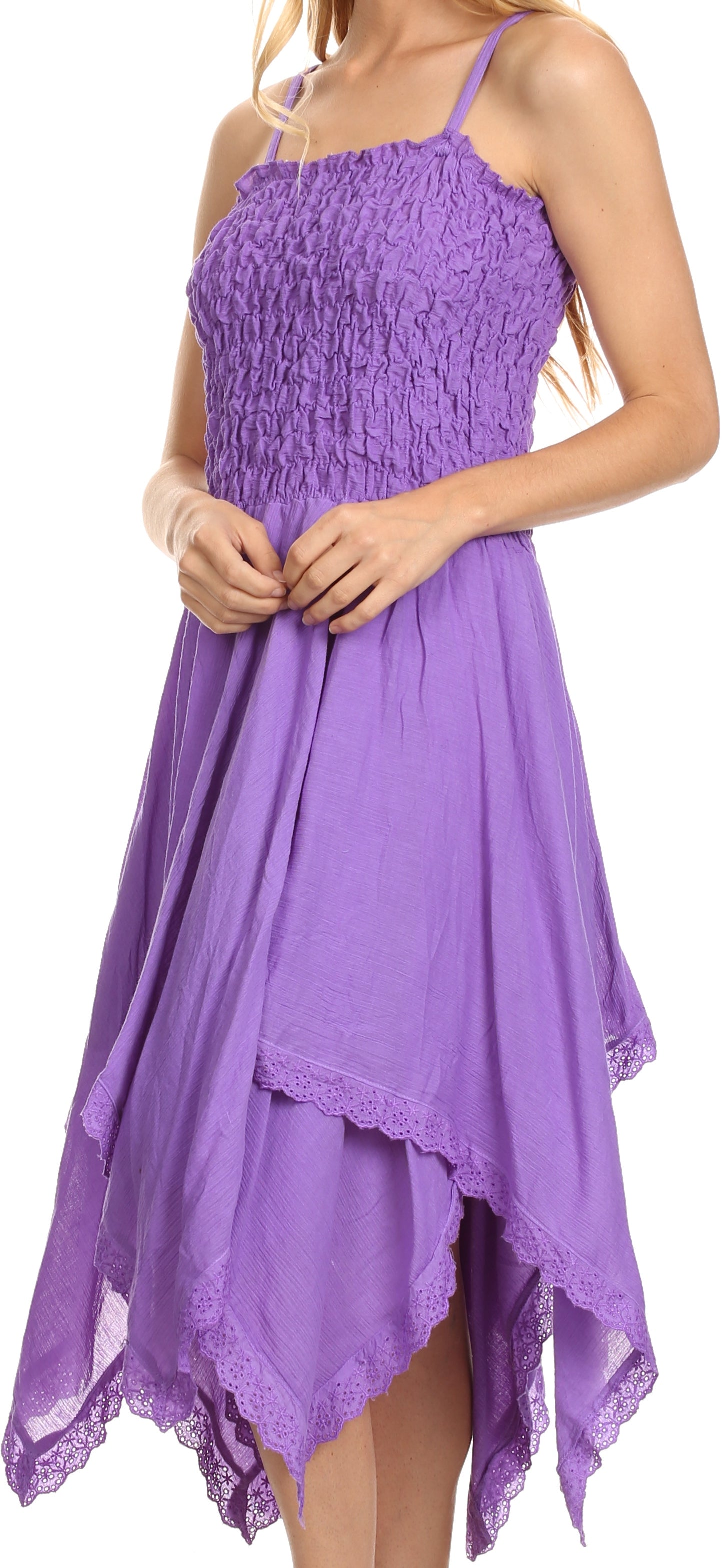 Sakkas - Ella Smocked Bodice Spaghetti Strap Double Layered Dress