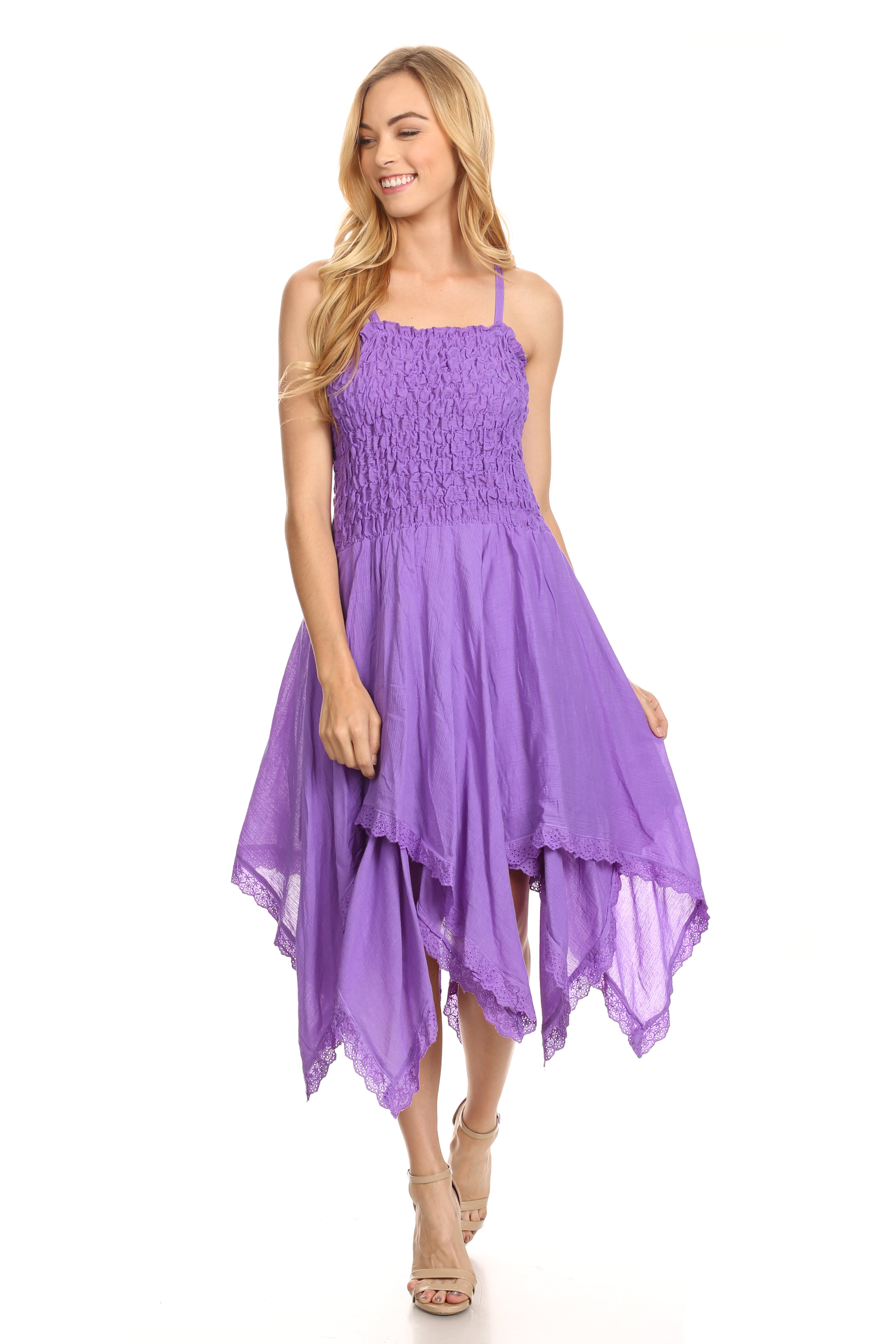 Sakkas - Ella Smocked Bodice Spaghetti Strap Double Layered Dress
