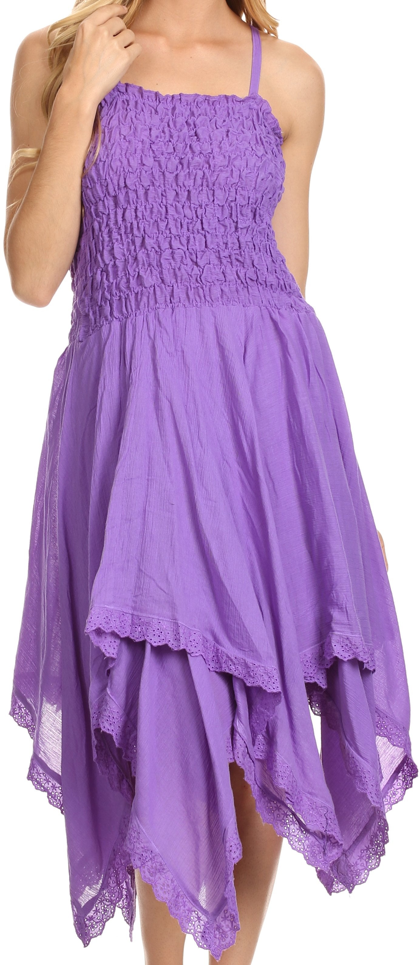 Sakkas - Ella Smocked Bodice Spaghetti Strap Double Layered Dress