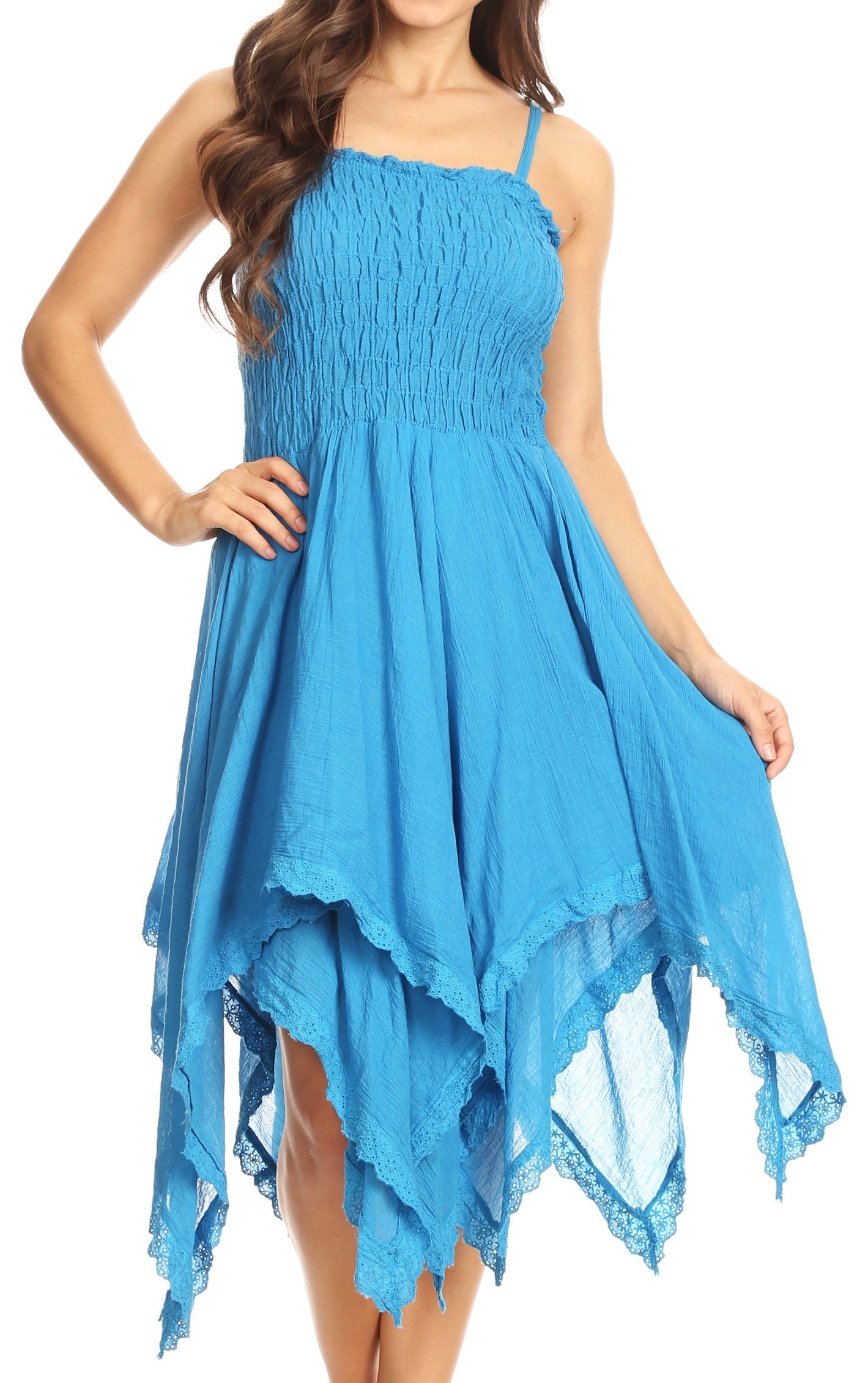 Sakkas - Ella Smocked Bodice Spaghetti Strap Double Layered Dress