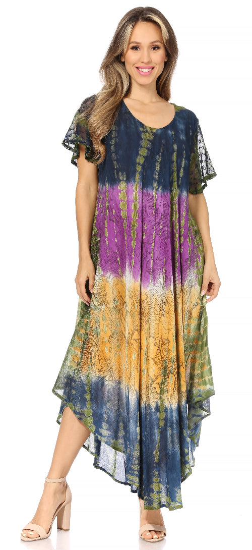 Woman wearing a colorful tie-dye dress on a white background