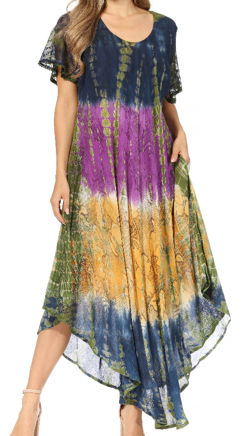 Multicolored tie-dye dress worn by a model on a white background