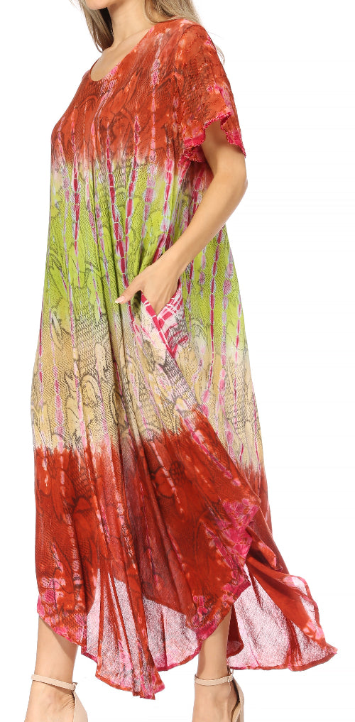 Woman wearing a colorful tie-dye dress with a white background